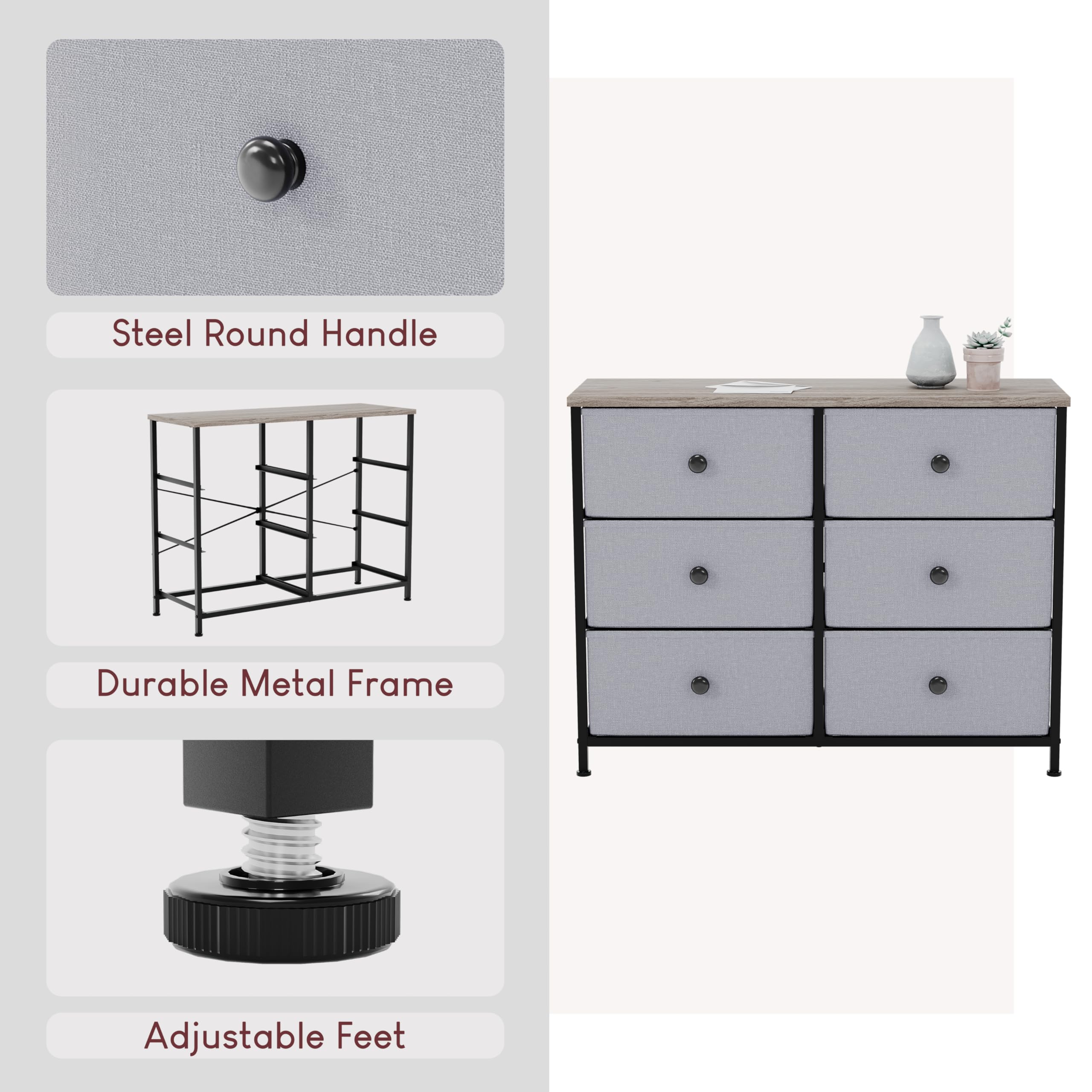 Vida Designs Chorley, cassettiera con 6 cassetti, in tessuto, con piano in legno, struttura in metallo e maniglie, ideale per camera da letto, soggiorno, cameretta dei bambini, legno beige e grigio