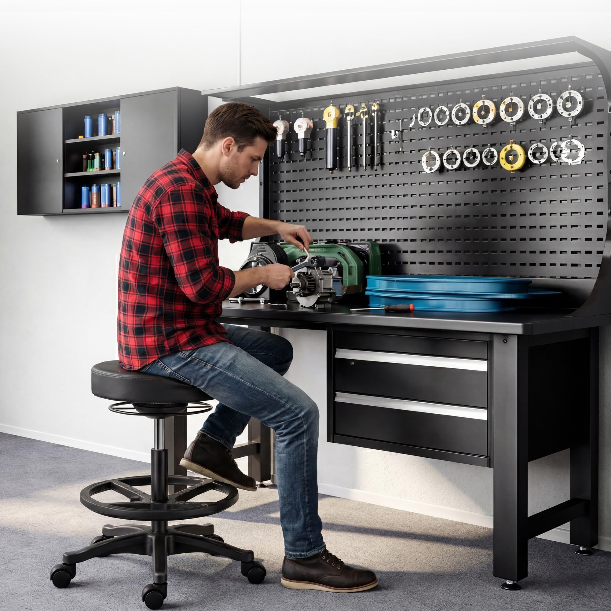 Jan Nowak Tabouret Atelier a roulettes réglable 58,2-79,5 cm pivotant 360 Tabouret Laboratoire Ergonomique siège Mobile Professionnel Industriel Jusqu à 130 kg