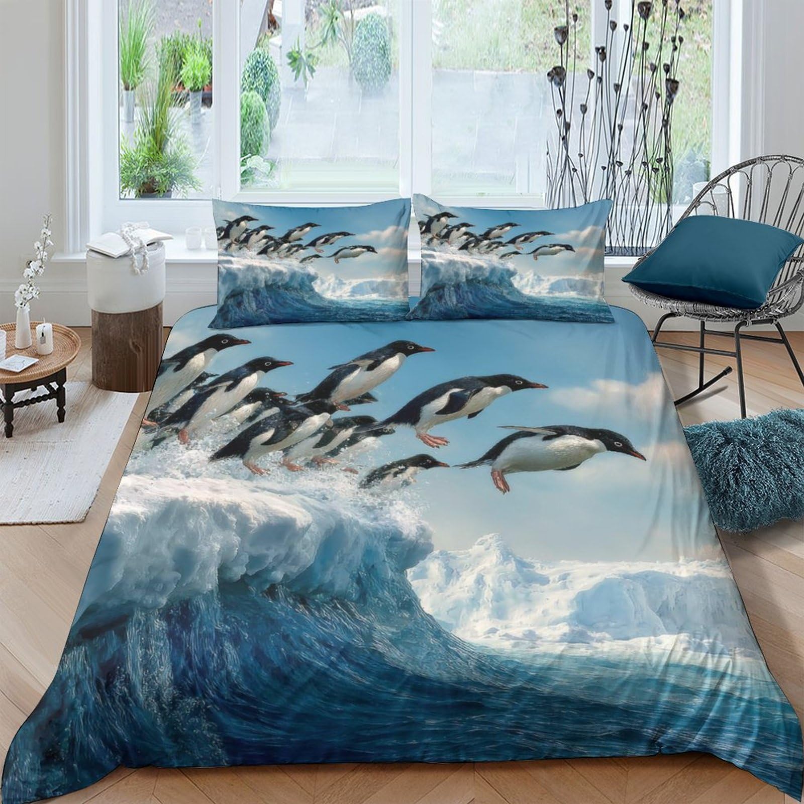 Ctjqhvkz Style-1 3D Printed Jumping Penguin Fitted Sheet Microfiber Soft Breathable Ocean Waves Mattress Cover For Bedroom Dorm Decor Single（135X200cm）