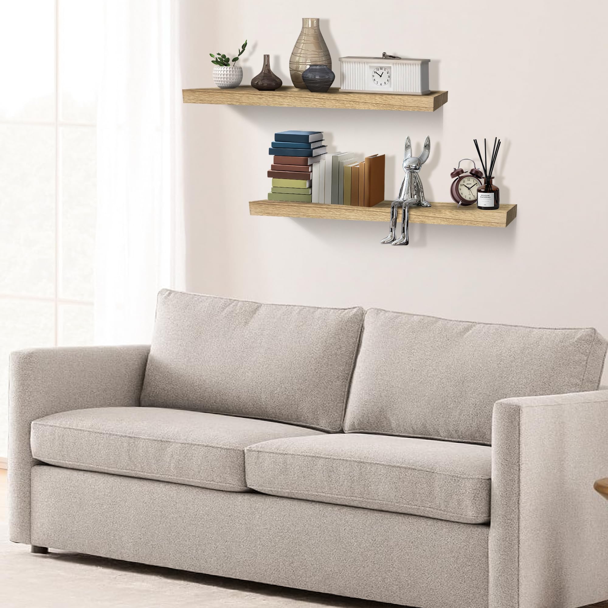 Quibbay Estantes flotantes para pared, juego de 2 estantes de pared de madera, estante colgante de 15.7 pulgadas con soportes invisibles, estantes flotantes para decoración de pared para baño, sala de