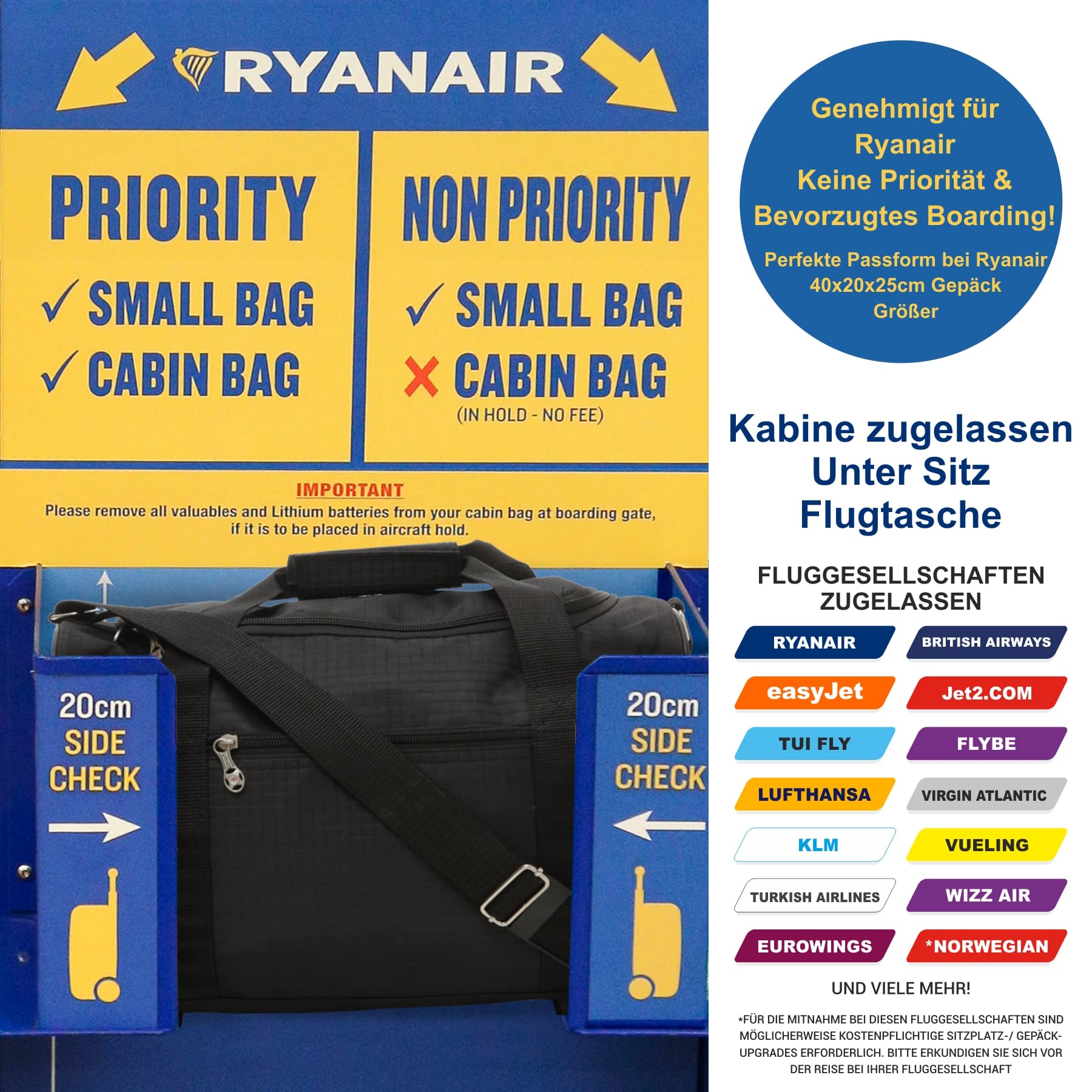 5 Cities 40x20x25cm Ryanair Maximale Untersitz Leichte Flugtasche Handgepäck Tasche für Flugzeug 40x20x25 - Passt auch für Wizz Air (Schwarz) - Image 4