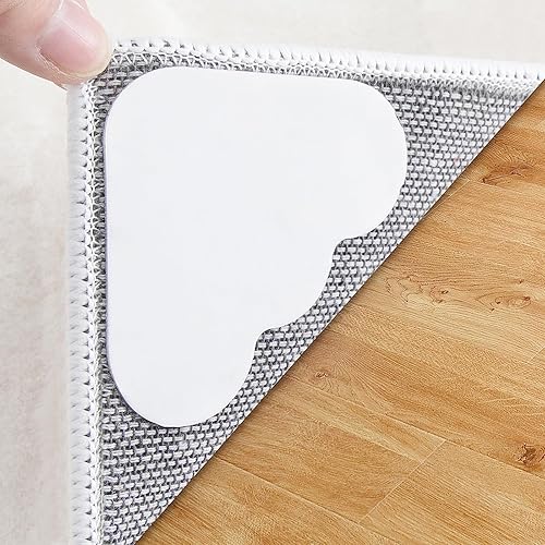 Elsoteno Paquete de 12 pinzas para esquinas para alfombra, cinta antideslizante de doble cara para suelos de madera dura, lavables, sin rizos,