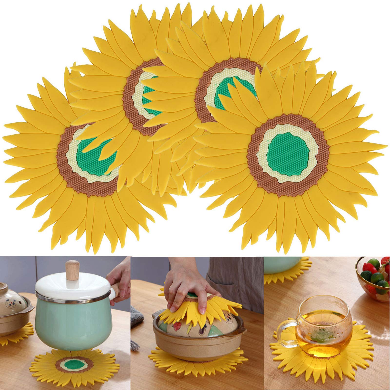 Set of 4 Silicone Trivet Sunflower Hot Pot Holder Anti-Slip Cup Coasters Bowl Tableware Mat Heat Resistant Pans Pads for Countertop Kichen
