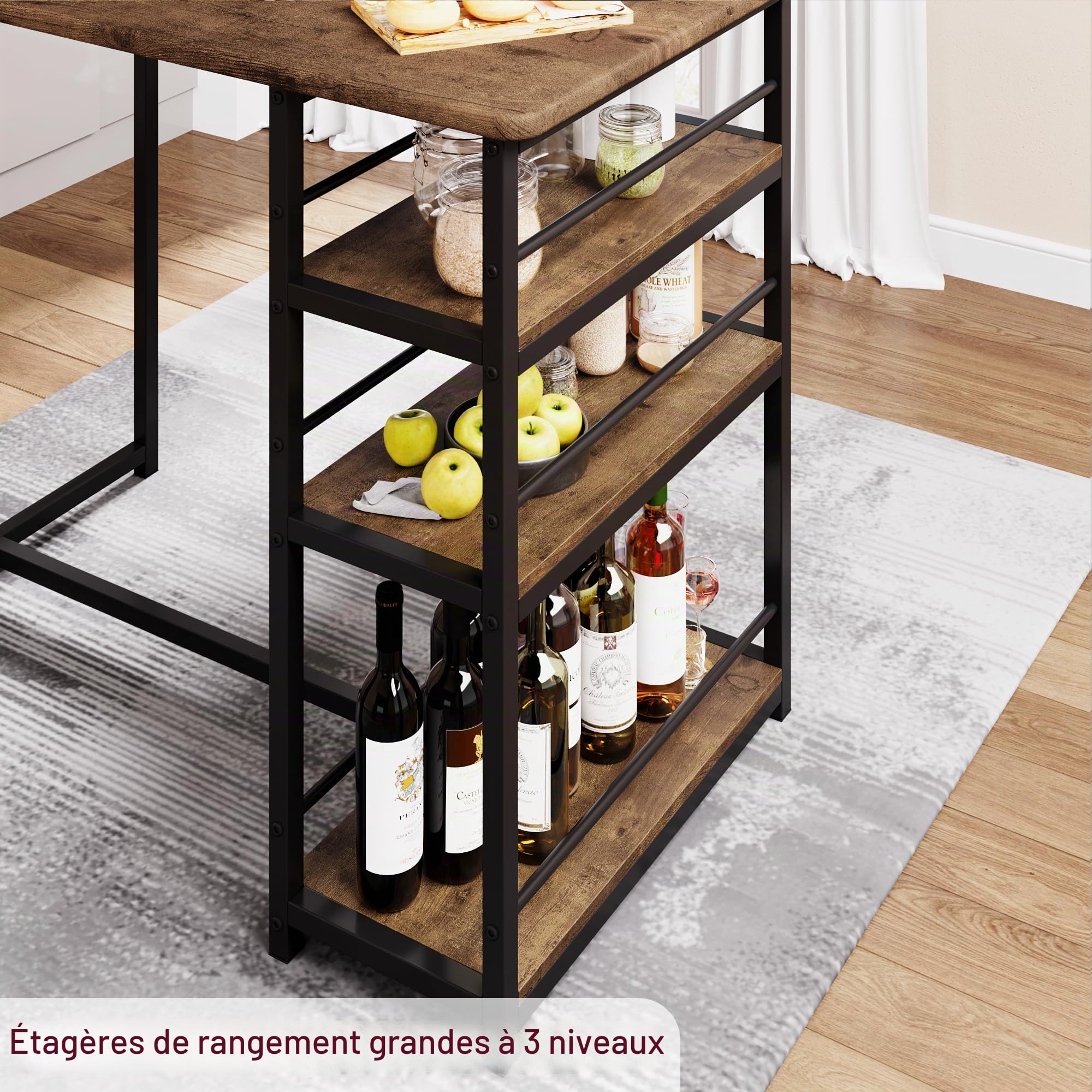 Ensemble Table de Bar avec Tabourets，Ensemble table de cuisine,Table à Manger Debout avec 2 chaises de Bar,Table Haute Cuisine avec avec 2 étagères et Porte-Bouteille de vin,pour Cuisine, Salon