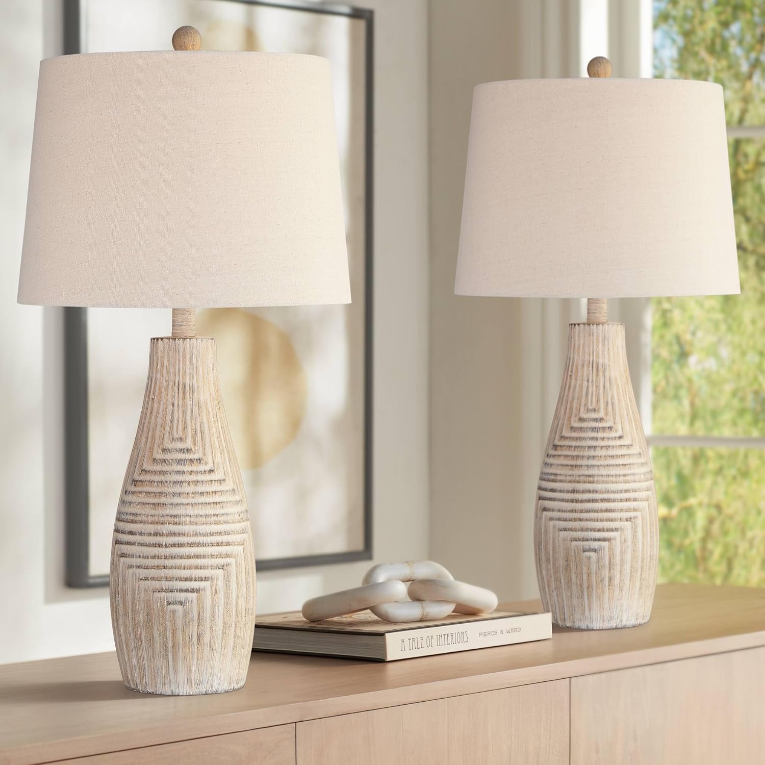 John Timberland Chico 27" Tall Modern Southwest Natural Cottage Table Lamps Set of 2 Brown Light Wood Finish Living Room Bedroom Bedside Nightstand House Office Home Reading Kitchen Fabric Shade