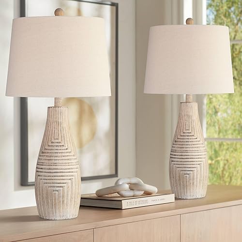 John Timberland Chico 27" Tall Modern Southwest Natural Cottage Table Lamps Set of 2 Brown Light Wood Finish Living Room Bedroom Bedside Nightstand House Office Home Reading Kitchen Fabric Shade