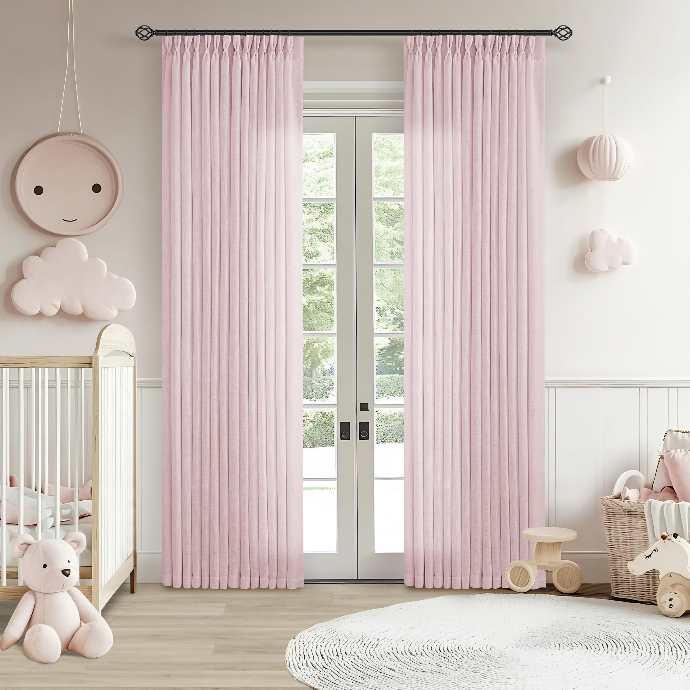 Light Pink Linen Pinch Pleat Curtains 84 Inch Length 2 Panels for Girls Bedroom Nursery Soft Thick Linen Window Drapes Semi Sheer Light Filtering