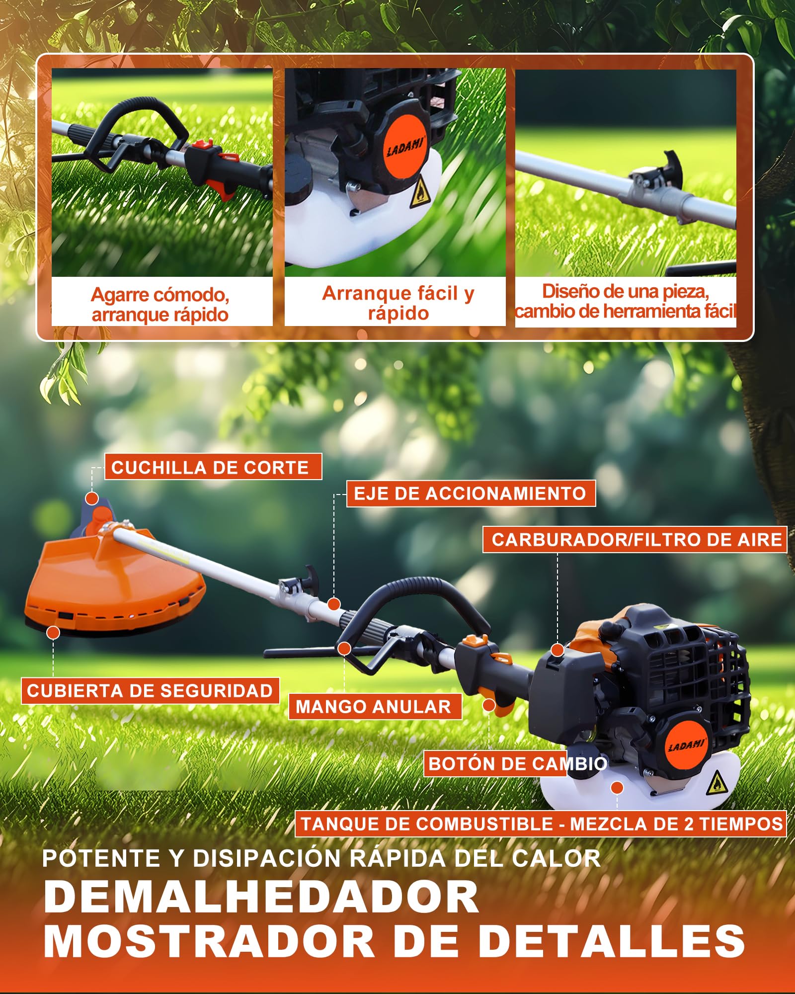 Desbrozadora de gasolina 52 cc 2 tiempos, cortasetos, motosierra 3 CV, dispositivo jardín aire 2 tiempos, potente