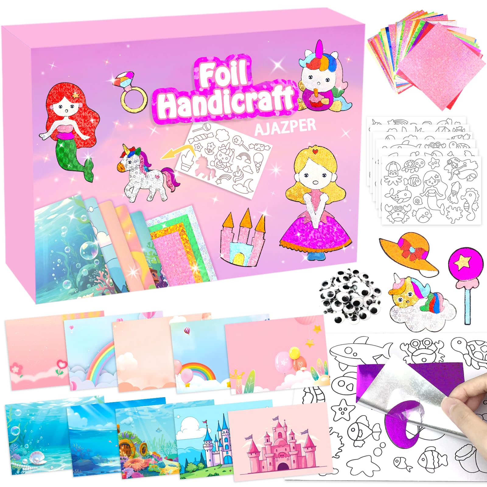 AJAZPER Kunst & Bastelaktivität, Folienspaß für Kinder, DIY Kreatives Aktivität Reisespielzeug, Bastelsets, Bastelkoffer Geschenk für Mädchen & Jungen ab 4 Jahren Geburtstag Weihnachten (Rosa)