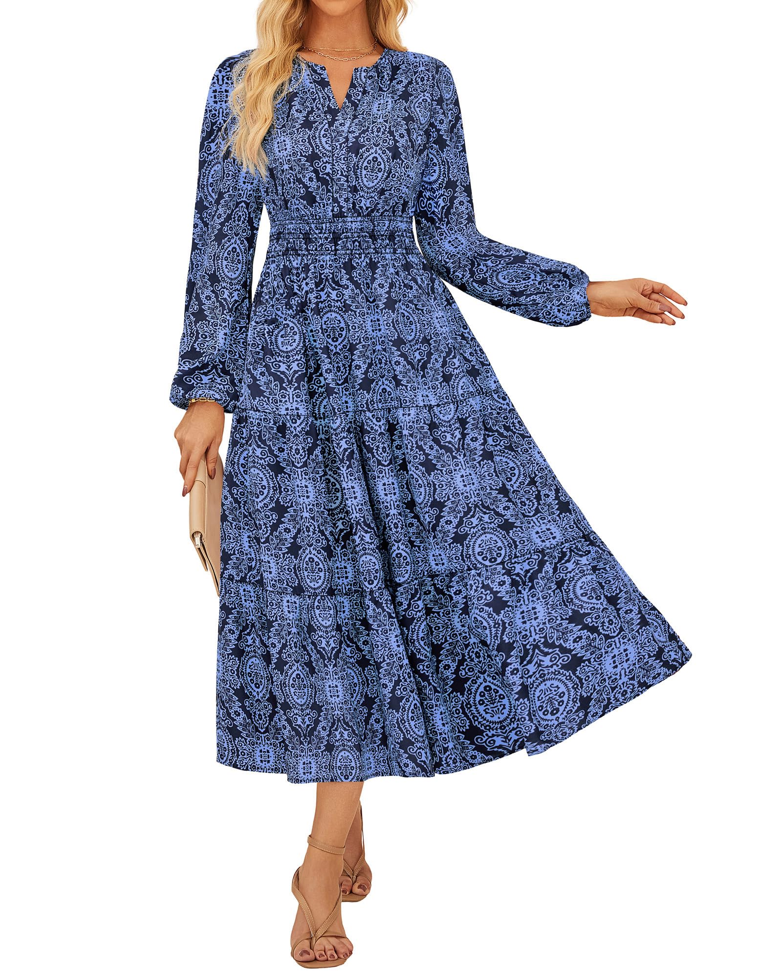 GRACE KARIN Womens Long Sleeve Dress 2026 Fall Floral Maxi Dress V Neck Boho A Line Flowy Wedding Guest Dresses with Pockets Navy Blue 2XL
