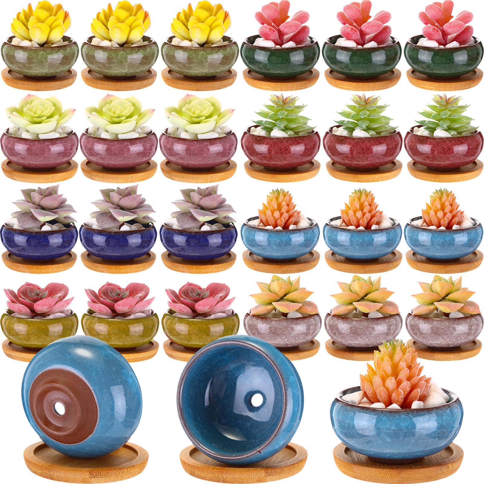 RimCereal 24 Pcs Small Succulent Pots with Drainage - 2.5 Inch Mini Ceramic Cactus Planters with Bamboo Saucers, 8 Colors Ice Crack Glaze Flower Pots