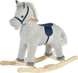 Qaba Plush Rocking Horse for Toddlers 3-5 Years, Gray Corduroy Wooden Rocker with Realistic Neigh & Gallop Sounds