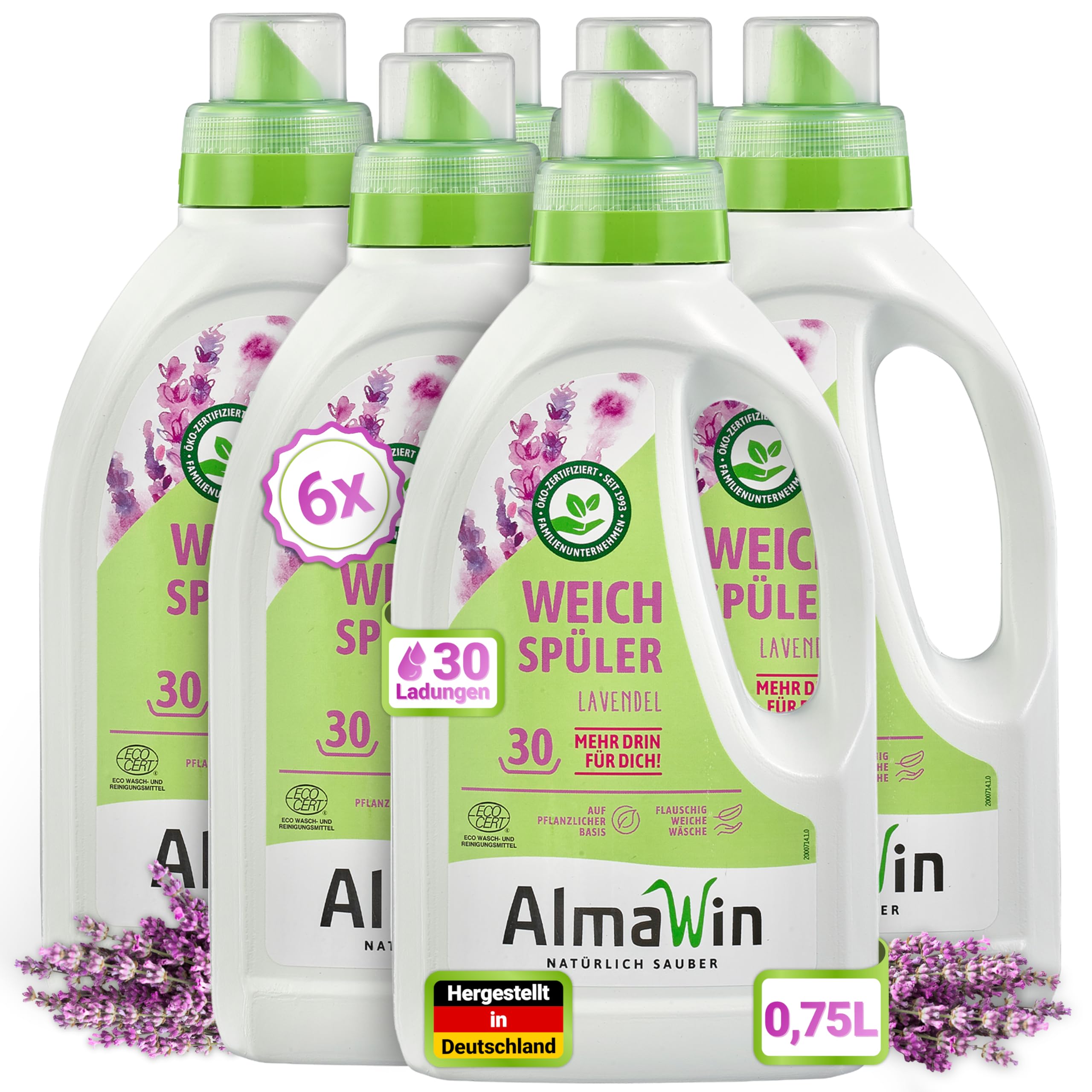 AlmaWin® Weichspüler mit Lavendel-Duft [6x 750ml - 180 Ladungen] für kuschelweiche Wäsche - Veganer Weichspüler Bio kombinierbar mit allen Waschmitteln - Flüssiger Weichspüler Öko Softener
