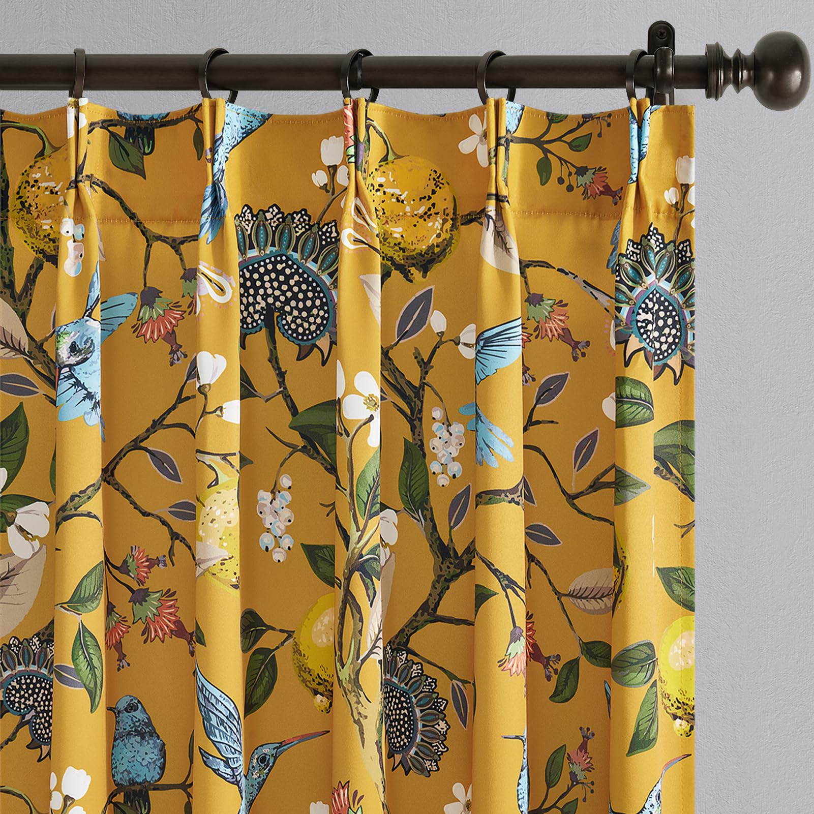 Floral Pattern Curtains for Living Room 72 Inches Long Luxury Whimsical Mustard Yellow Lemon Design Hummingbird Colorful Pinch Pleated Blackout Drapes for Bedroom Dining Room 2 Panels