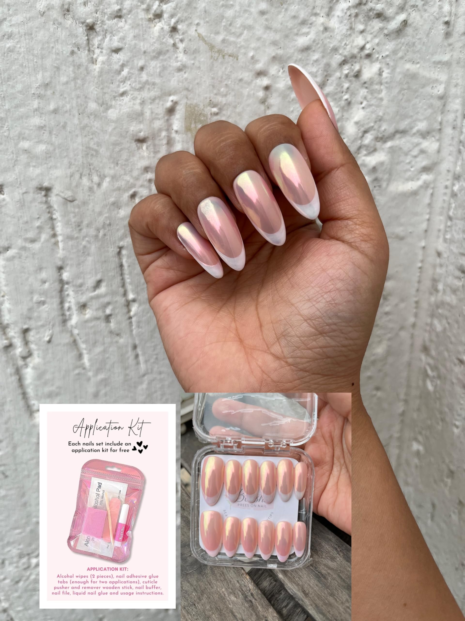 Press On Nails Set with French Tips, Pearl Chrome Finish, Complete Application Kit