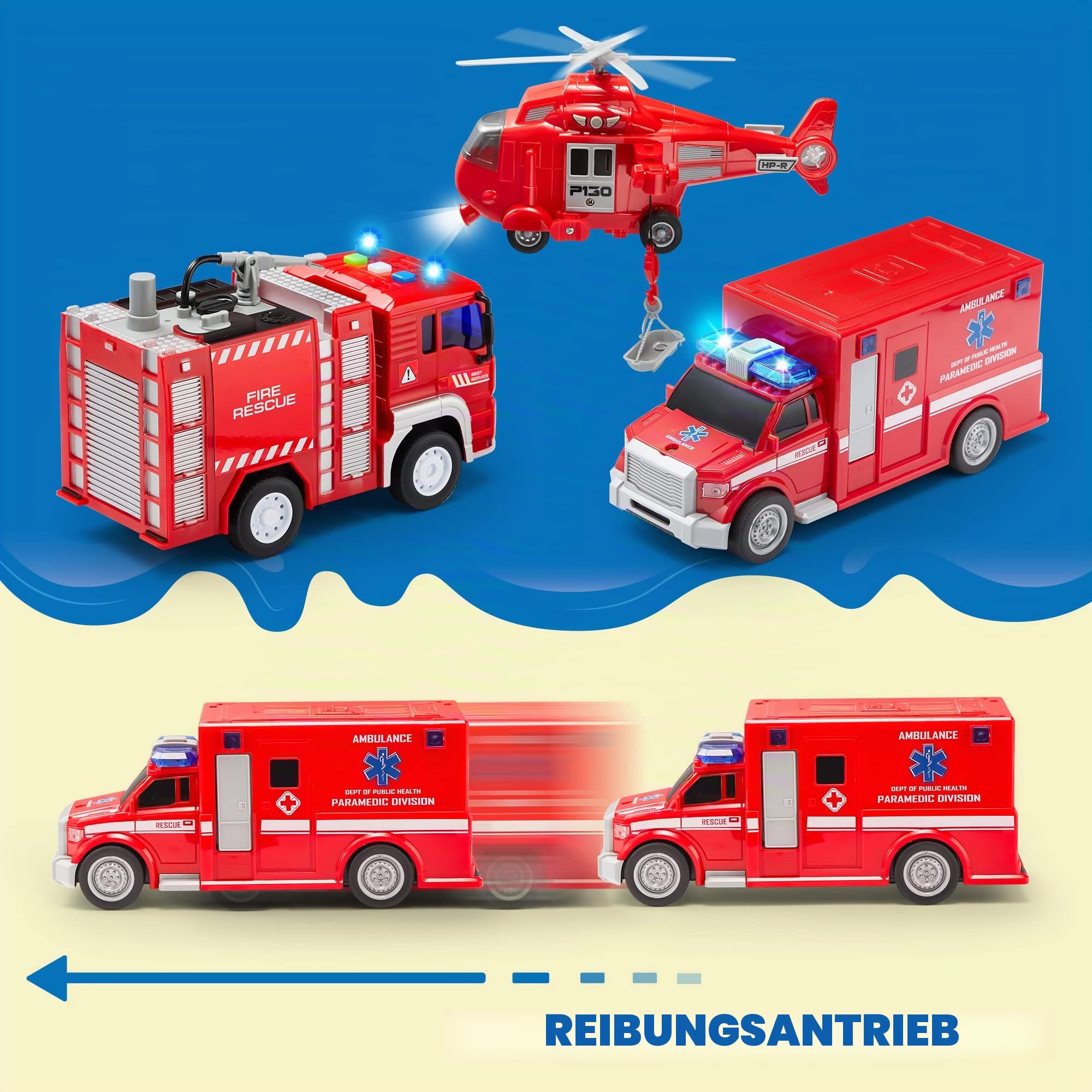 JOYIN 3 in 1 Reibungsgetriebenes Feuerwehr Spielzeug, Rettung Fahrzeug LKW Auto Set mit Hubschrauber, Krankenwagen und Feuerwehrauto mit Licht und Ton, Geschenk für Kinder Jungen