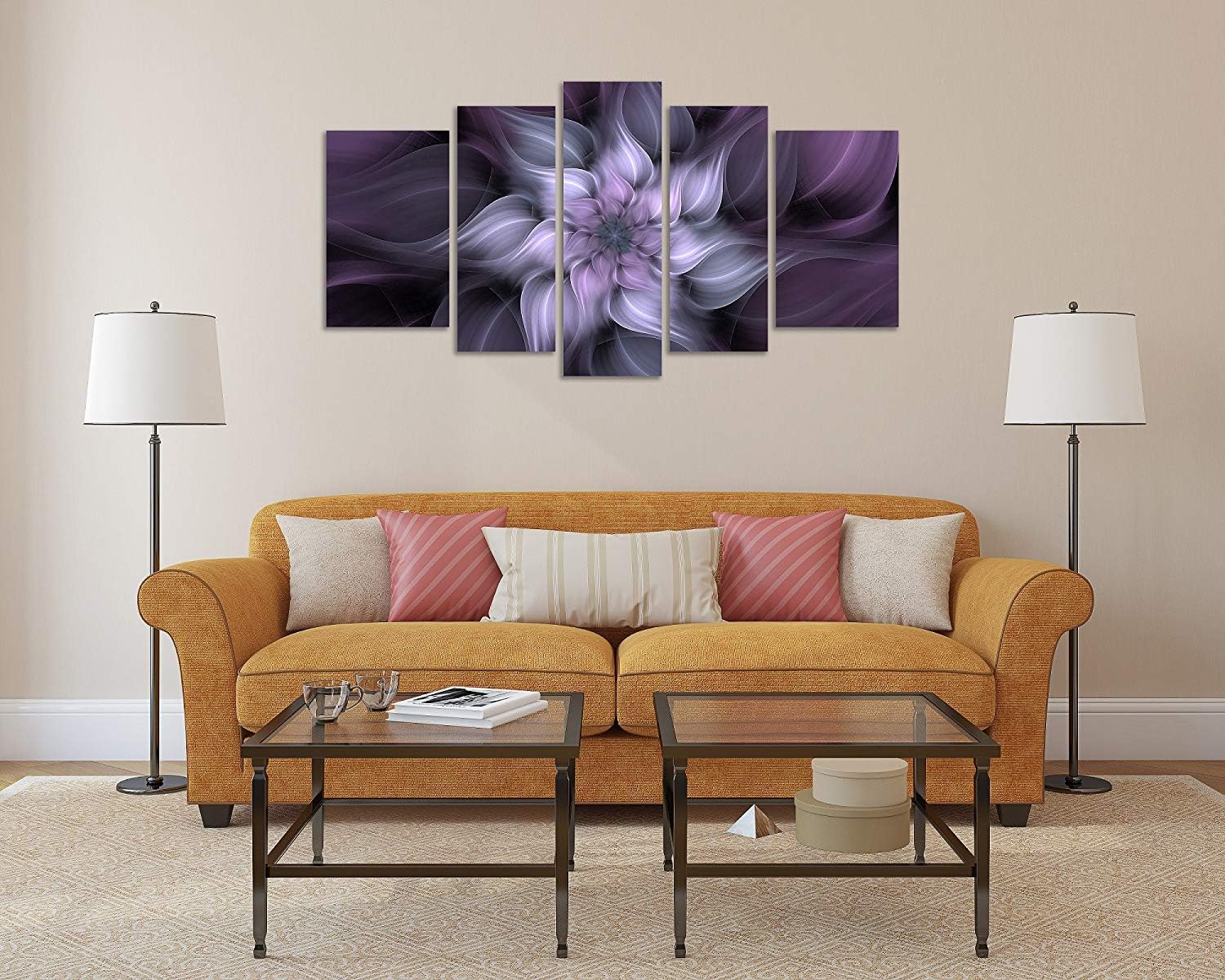 TutuBeer 5 Panel Bauhinia Chinese Redbud Purple Flower Plant Botany Picture Flower Artwork Oil Painting on Canvas Stretched and Framed Giclee Print Home Decoration Living Room Bedroom Wall Art Hanging