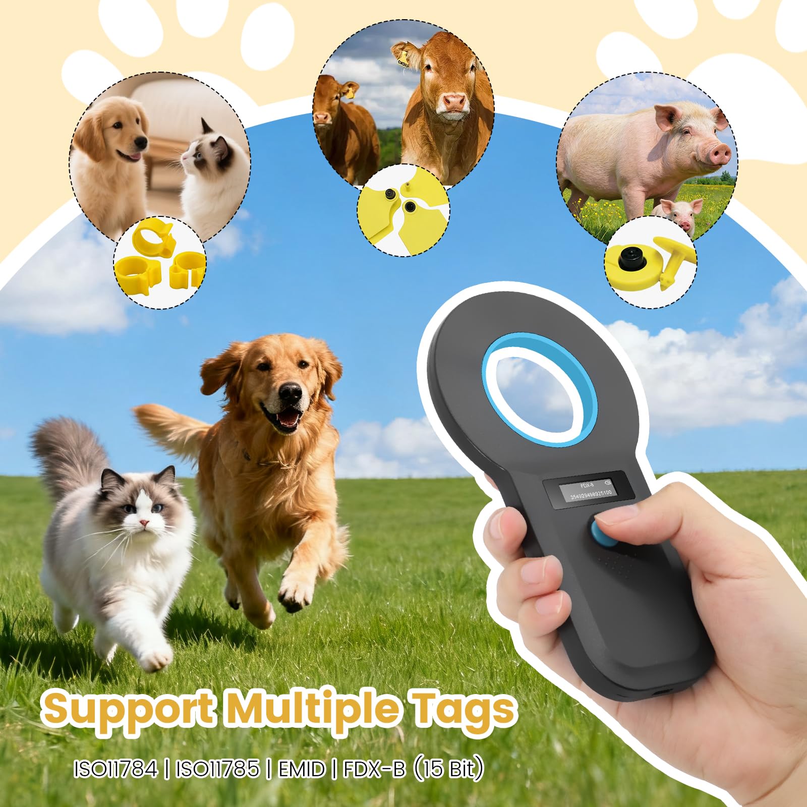 Scanner de micropuce pour animaux domestiques, lecteur d'identification d'animaux domestiques, Lecteur de micropuce RFID,128 pièces mémoire d'information d'étiquette, ISO11784/85/HFDX-B/EMID