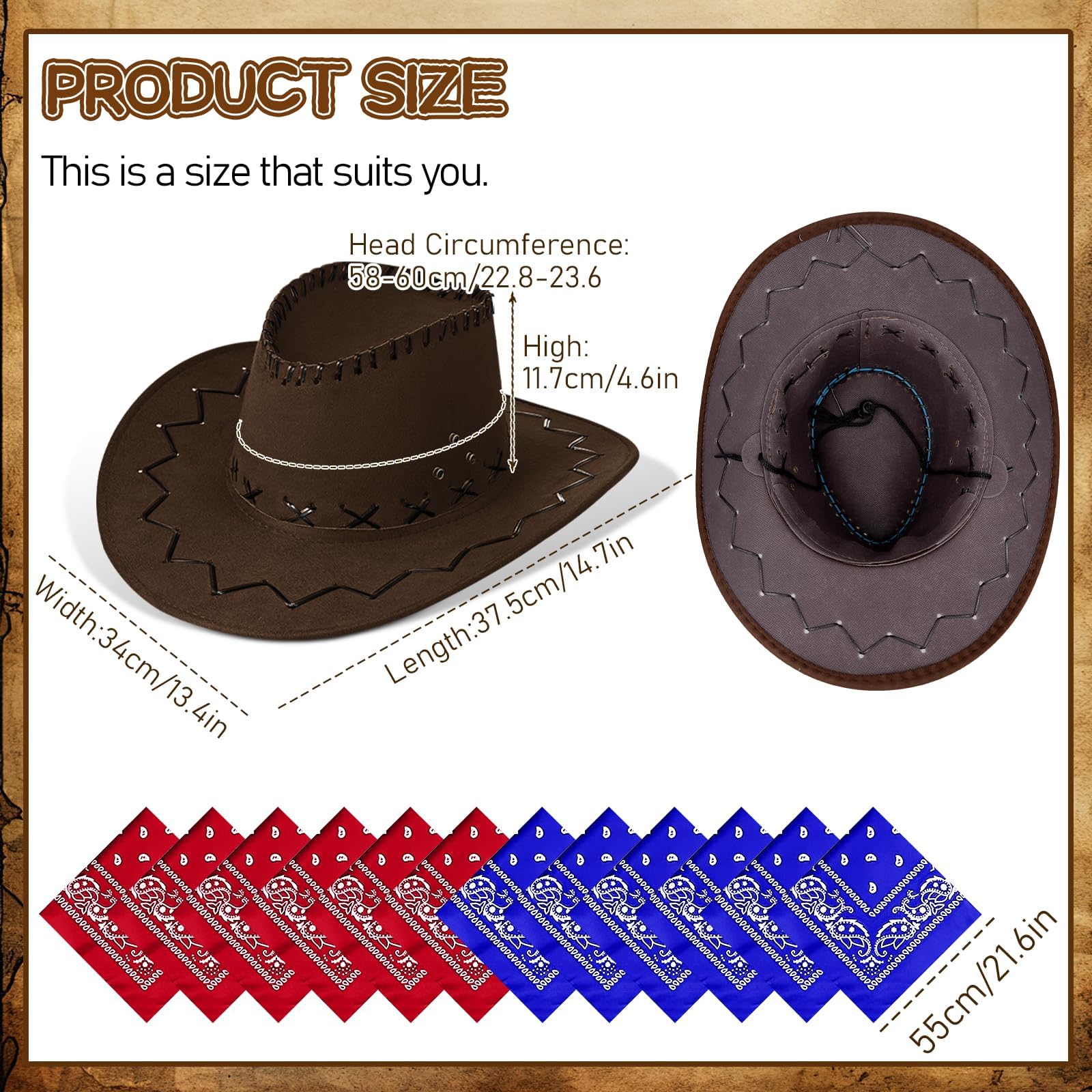 Set di 24 cappelli da cowboy per adulti – Cappello western con tesa larga in finta pelle scamosciata, cappello da cowboy, set da festa con 12 bandane e cordoncino regolabile per uomini e donne