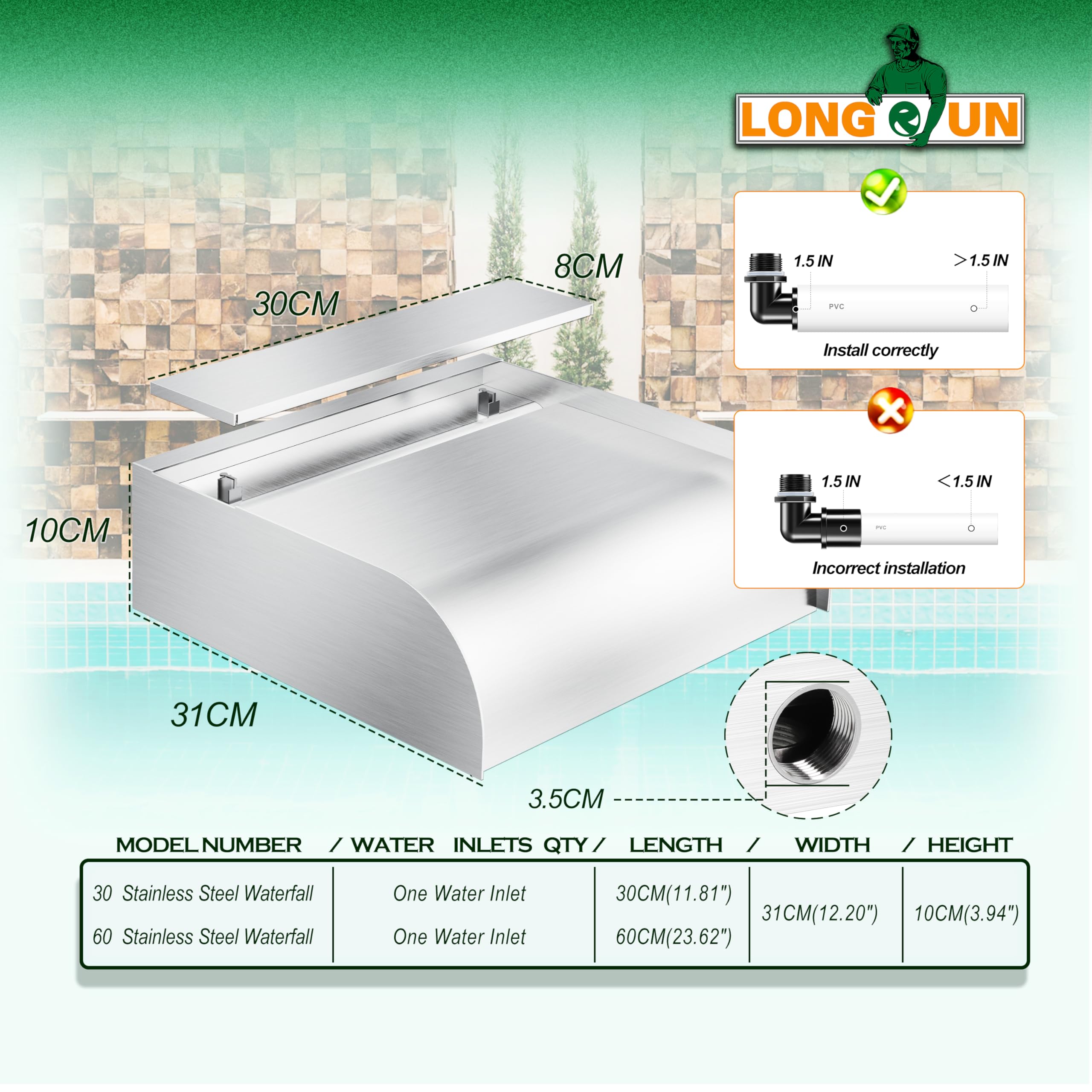 LONGRUN 30cm Teich Wasserfall Set,304 Edelstahl Pool Wasserfall mit RGB LED und Fernbedienung, Breite 31cm