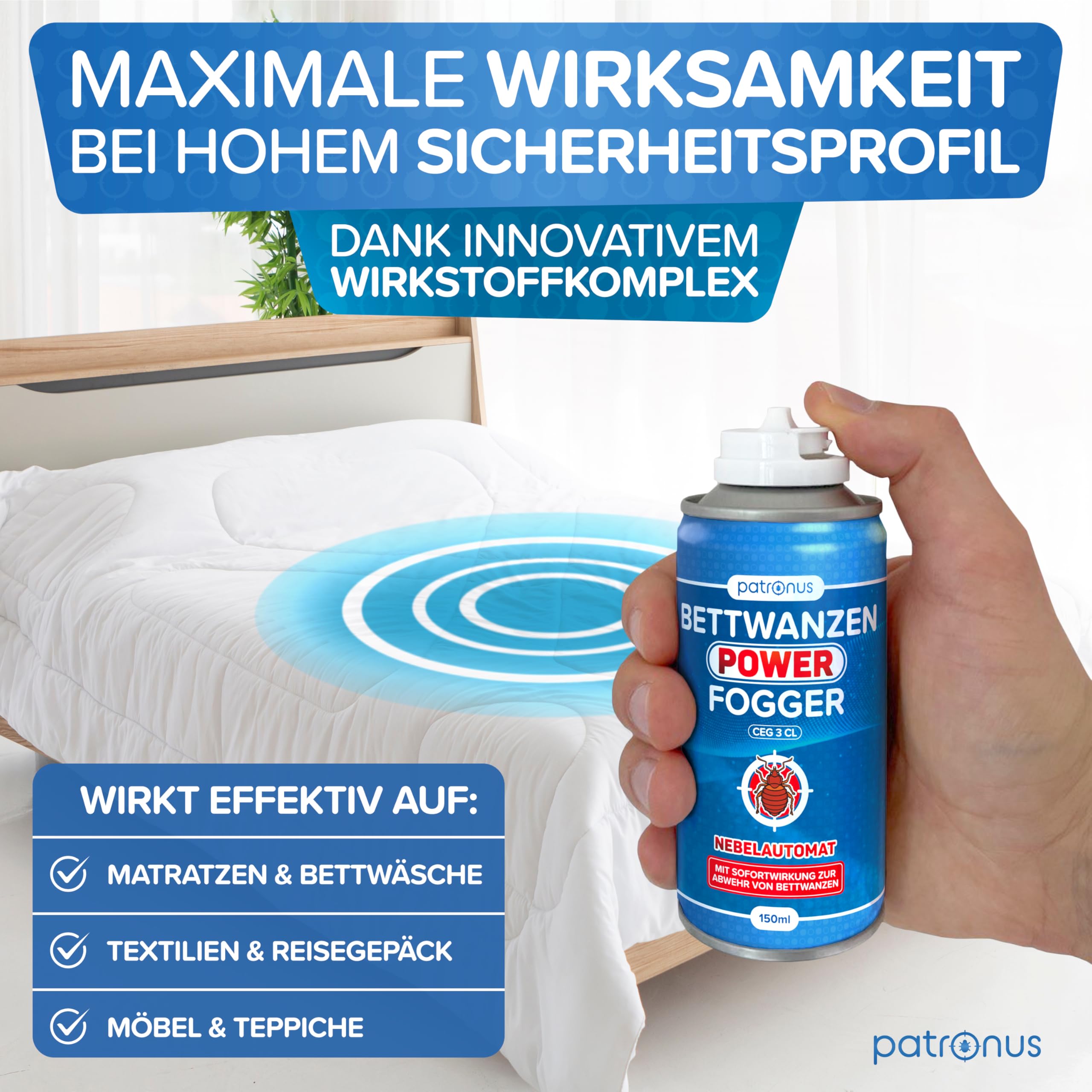Patronus Bettwanzen Power Fogger mit maximaler Sofortwirkung [2x 150ml] | effektiver Vernebler zur Bettwanzen-Abwehr, für schwierig erreichbare Bettwanzen-Verstecke, aus deutscher Produktion