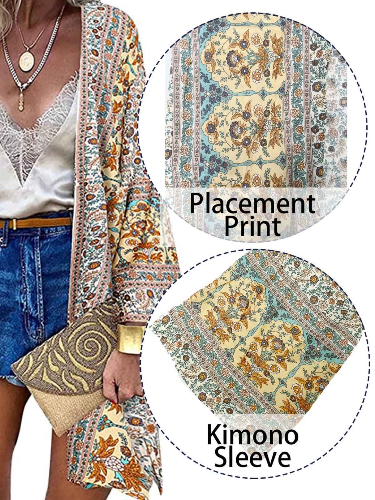 Yutdeng Kimono Cardigan Donna Vintage Bohémien Manica Lunga Sciolto Estivo Casual Cover Up Bikini Stampa Floreale Leggero Copricostume Abito da Spiaggia Beachwear