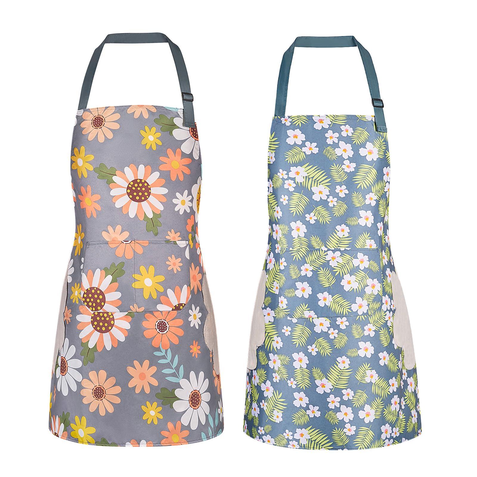 DILLMAN 2 Pack Floral Aprons with Pocket Blooming Womens Waterproof Adjustable Cooking Aprons Kitchen Gardening Salon