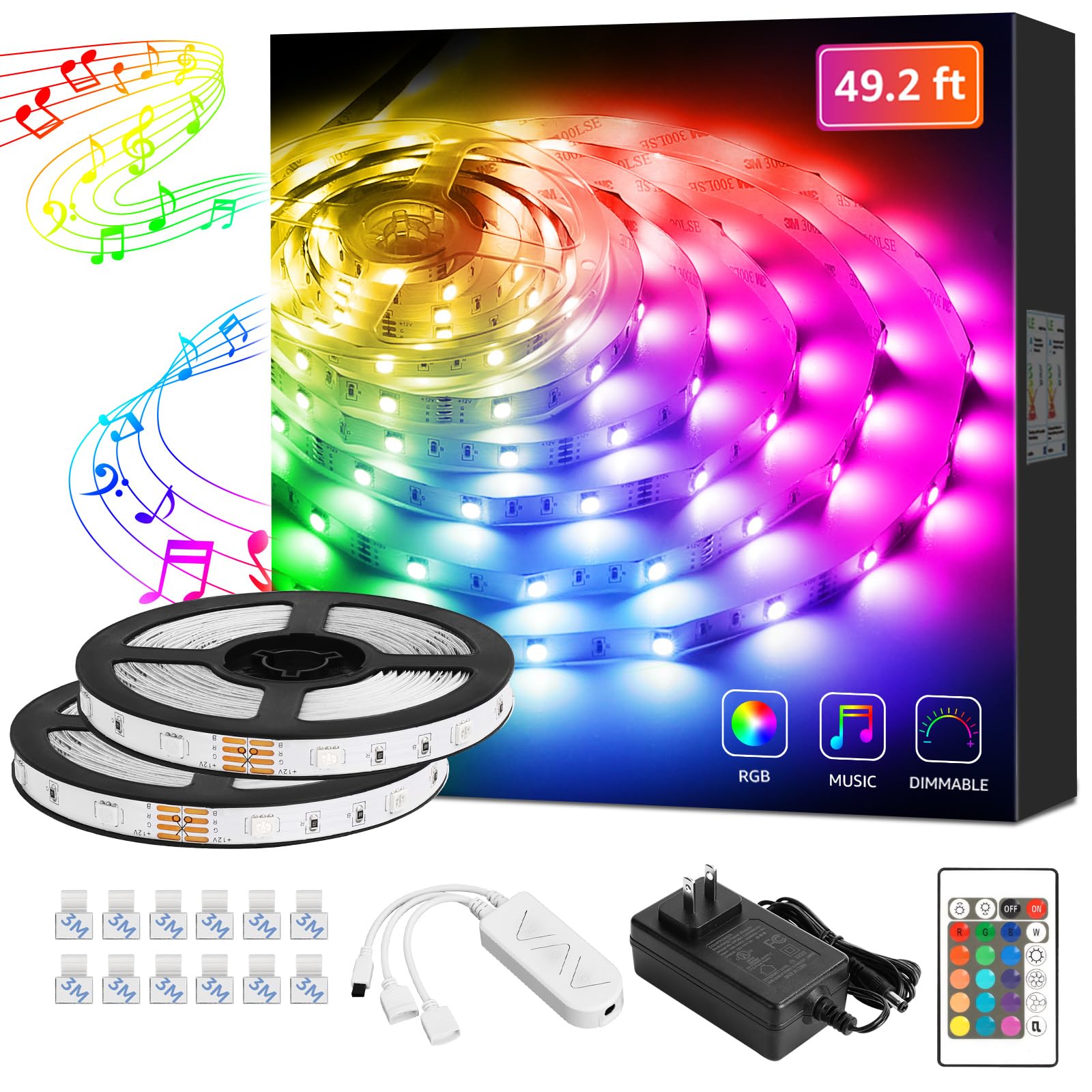 Lepro49.2ft LED Strip Lights Sync to Music, 5050 SMD RGB Color Changing LED Strips with Remote for Bedroom, Home, TV, Parties and Festivals