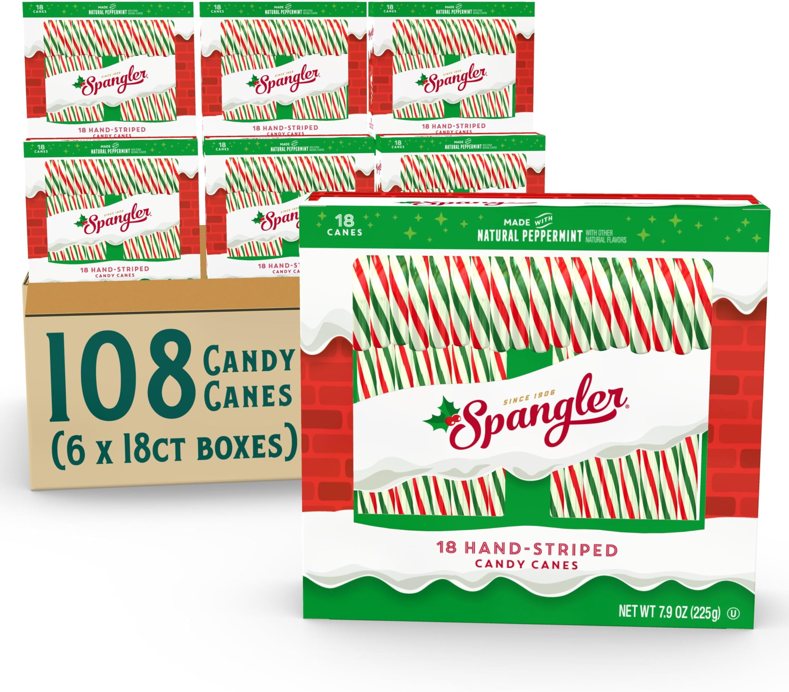Spangler Red, Green, and White Christmas Candy Canes - Individually Wrapped Peppermint Sticks, Classic Christmas Snacks, Bulk Candy Canes, Regular Size - 108 Count (6x18 Ct. Boxes)