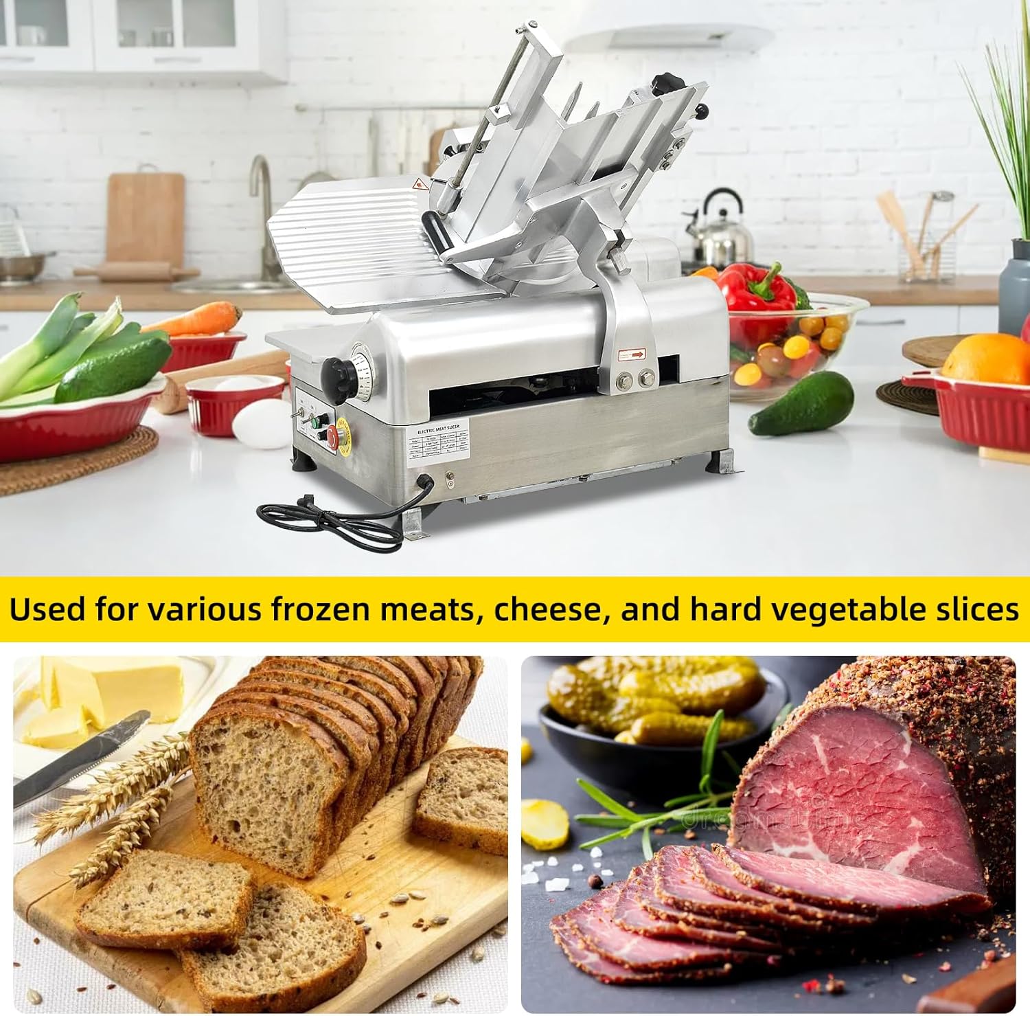 Commercial Meat Slicer, 13 in Electric Food Slicer - Fully-Auto 370W+550W, Stainless Steel, Adjustable Thickness 0-16 mm, Silver, Home & Commercial Use
