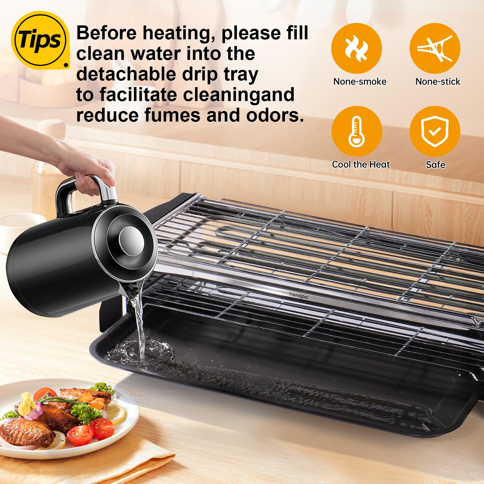 HengBo Barbacoa Eléctrica Sin Humo, Barbacoa de Mesa de Doble Capa Parrilla Barbacoa con Bandeja de Goteo, Termostato Ajustable, Superficie 46,5 x 20,5 cm, 2200W, Negro