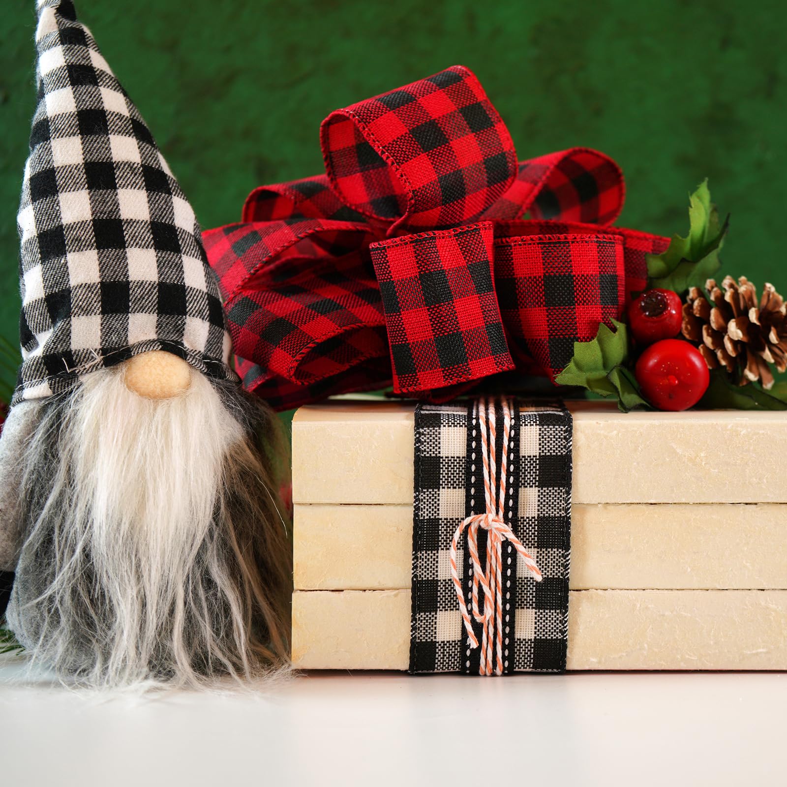 Wstążka w kratkę Buffalo Gingham o grubości 1,6 cala, 10 jardów do pakowania prezentów, rękodzieła i dekoracji DIY(Green White)