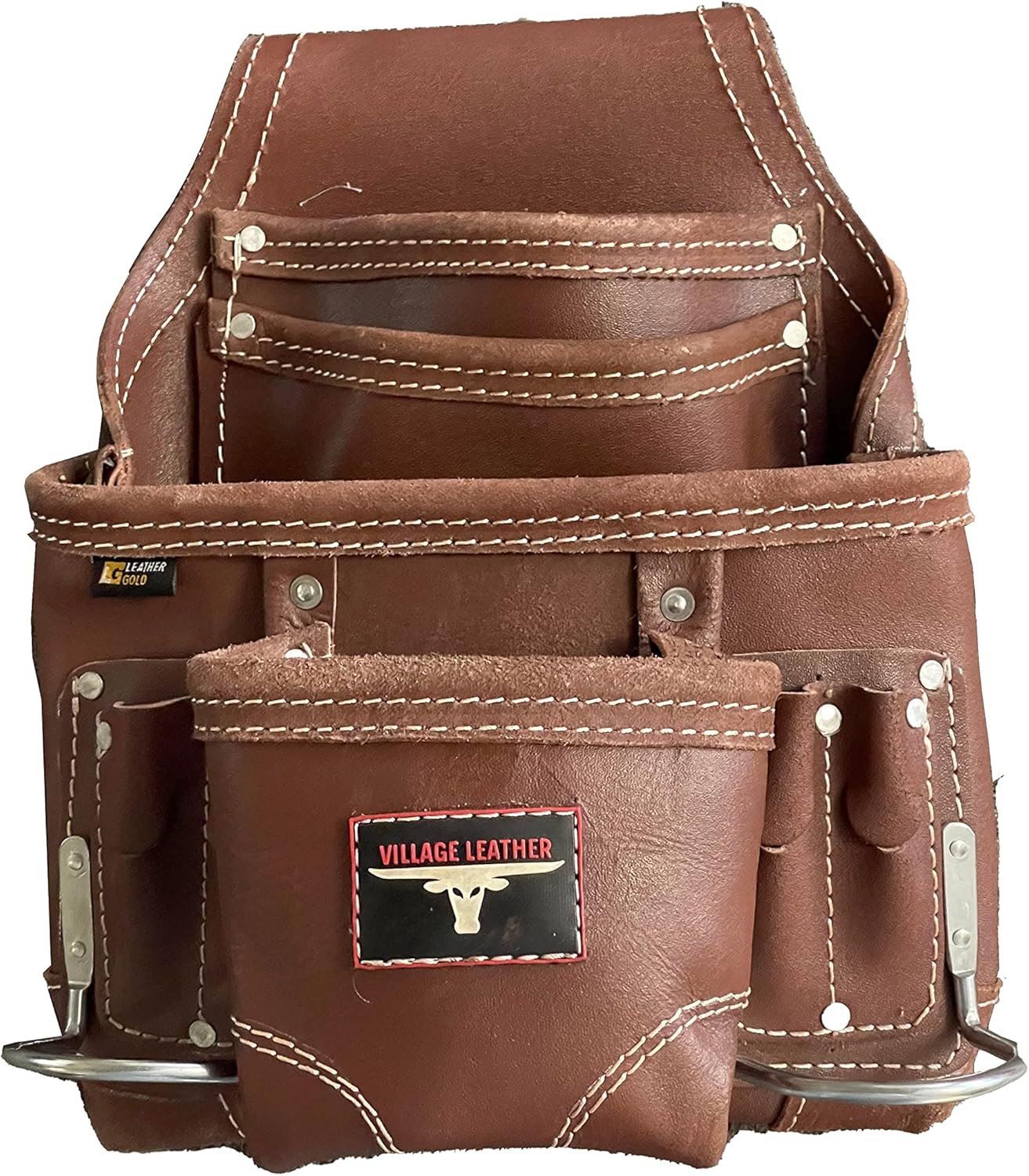 Heavy Duty Carpenters Tool Pouch, Brown, Natural Leather, 10 Pockets, 2 Hammer Holders, Reinforced Seams
