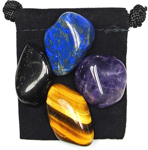 PSYCHIC ATTACK BLOCKER - Juego curativo de cristal con bolsa y tarjeta de descripción, amatista, obsidiana negra, labradorita y ojo de tigre, Piedra