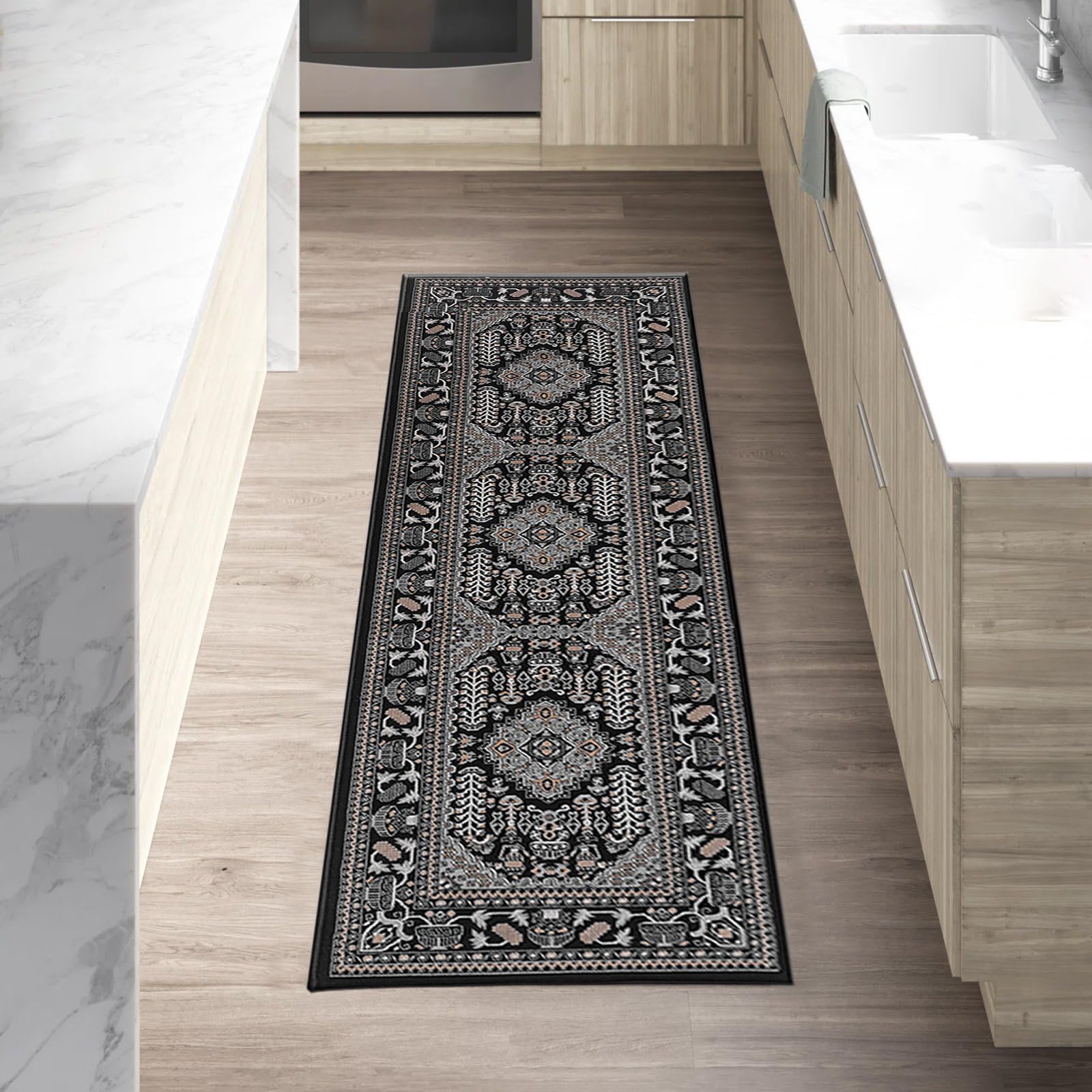 renoazul® Soft Pile Hall Runner Turkish Rug - Zinat 60 x 220 cm, Black Green Rug - Washable Runner For Kitchen, Hallway and Entrance Door Mat