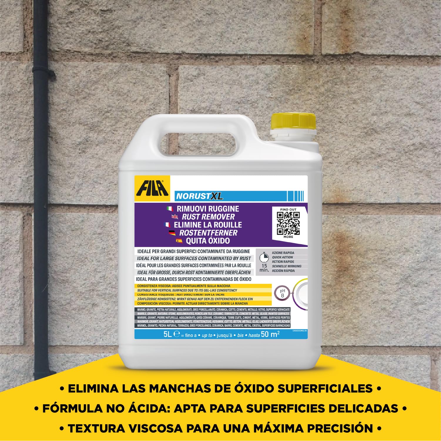 FILA NORUST XL Quitamanchas Antióxido sin Ácido para Mármol y Suelos 5L | Eliminador de óxido listo para usar en granito, piedra natural, gres porcelánico, cerámica y metal, para suelos y paredes