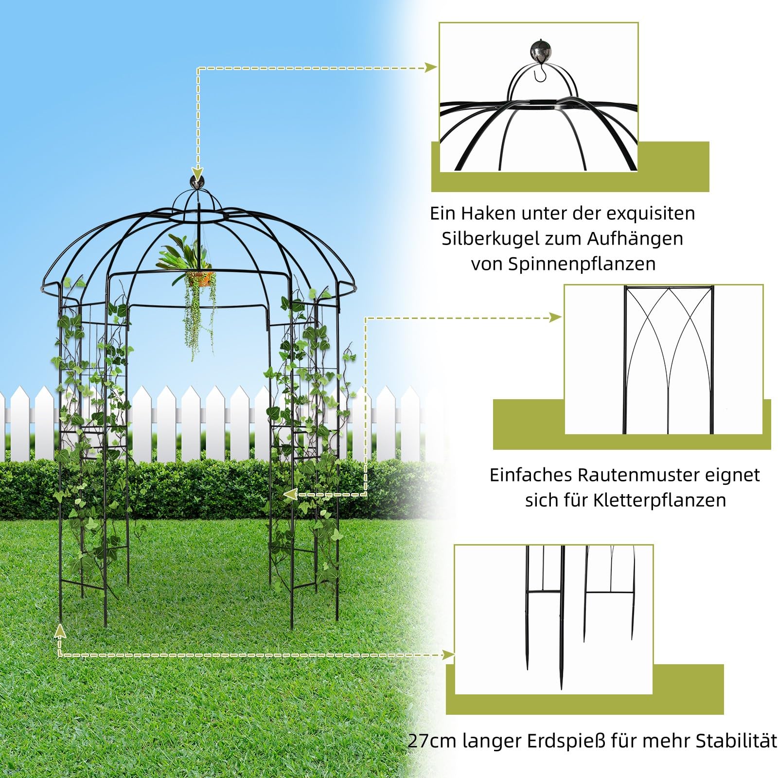 LEADZM Rosenbogen aus Metall stabil – 270 x 207 x 207 cm – Rankhilfe für Kletterpflanzen, Terrassen & Patios – Rostfrei & Wetterfest – Schwarz