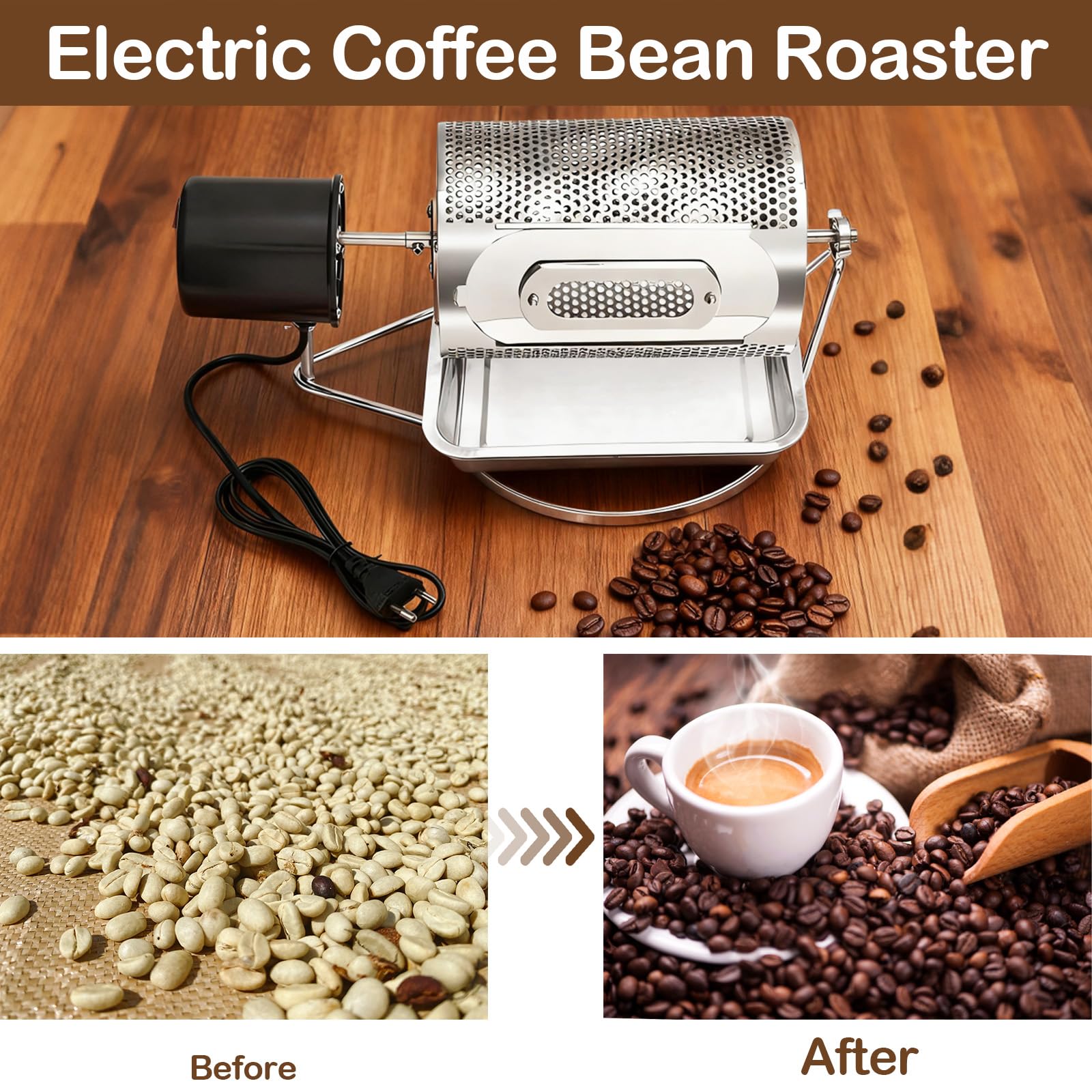 Torréfacteur à Café électrique, Entièrement Automatique Pour Usage Domestique Et Professionnel Torréfacteur à Tambour Avec Fenêtre De Visualisation Plateau En Acier Inoxydable Capacité De 250g
