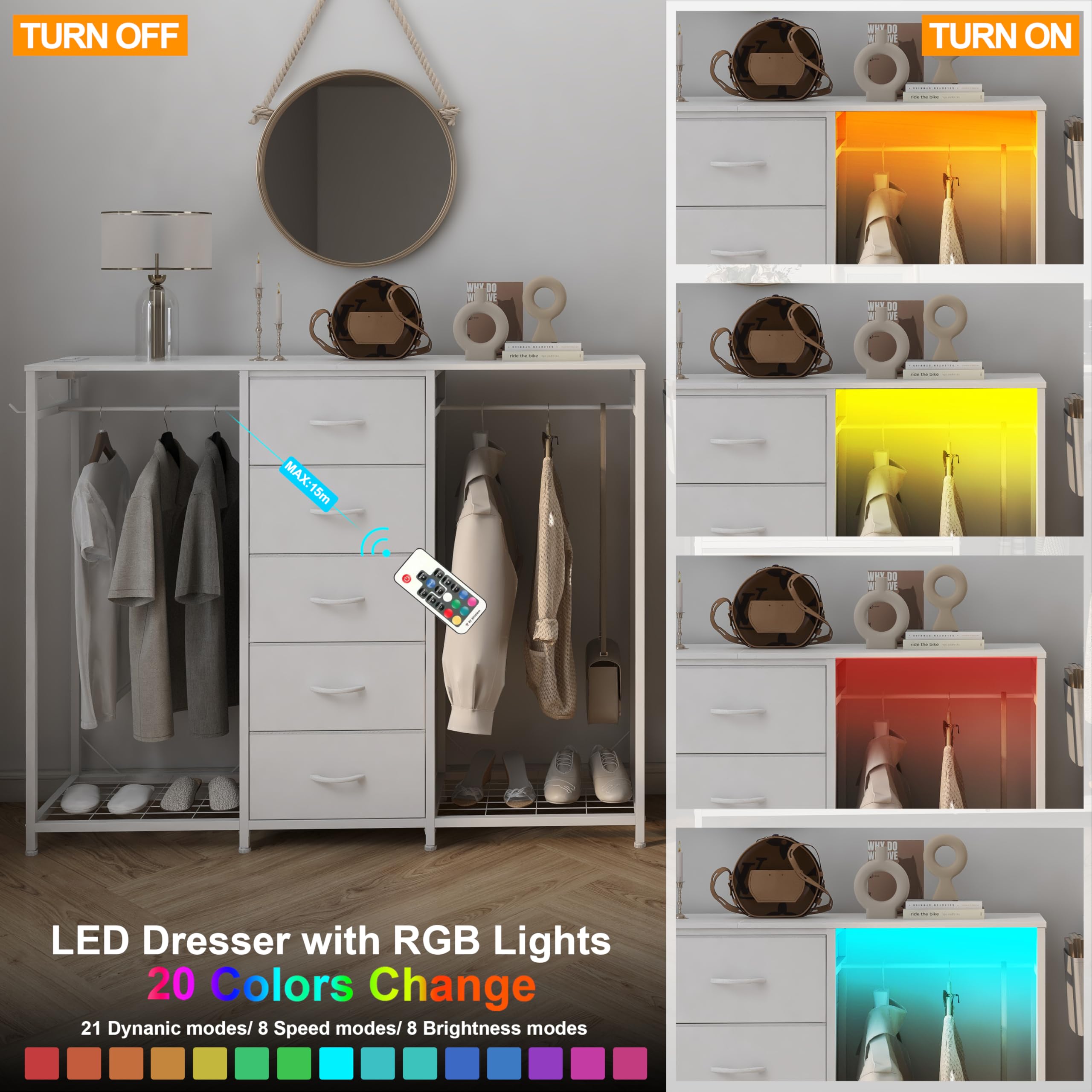 Cómoda para dormitorio con perchero, cómoda de 5 cajones con estación de carga, luces LED, cómoda blanca, estante flexible y espacio de almacenamiento abierto para dormitorio, sala de estar 8