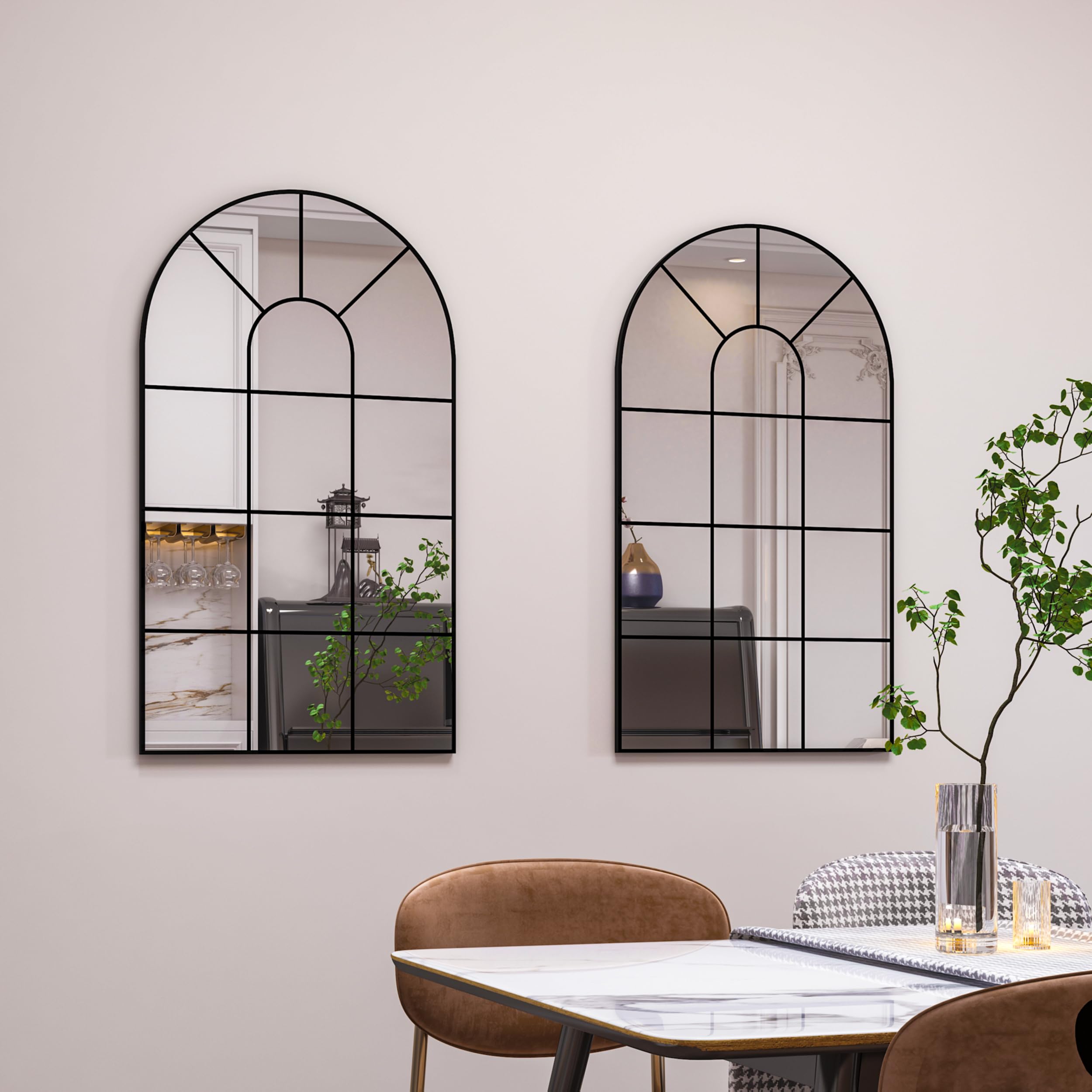 Gewölbte Fenster Wandspiegel, 80x50cm, dekorativer Spiegel, Eitelkeitsspiegel für Badezimmer, Schlafzimmer, Wohnzimmer, Fensterscheibe Spiegel, Bauernhaus Spiegel für Wand Dekor, Schwarz