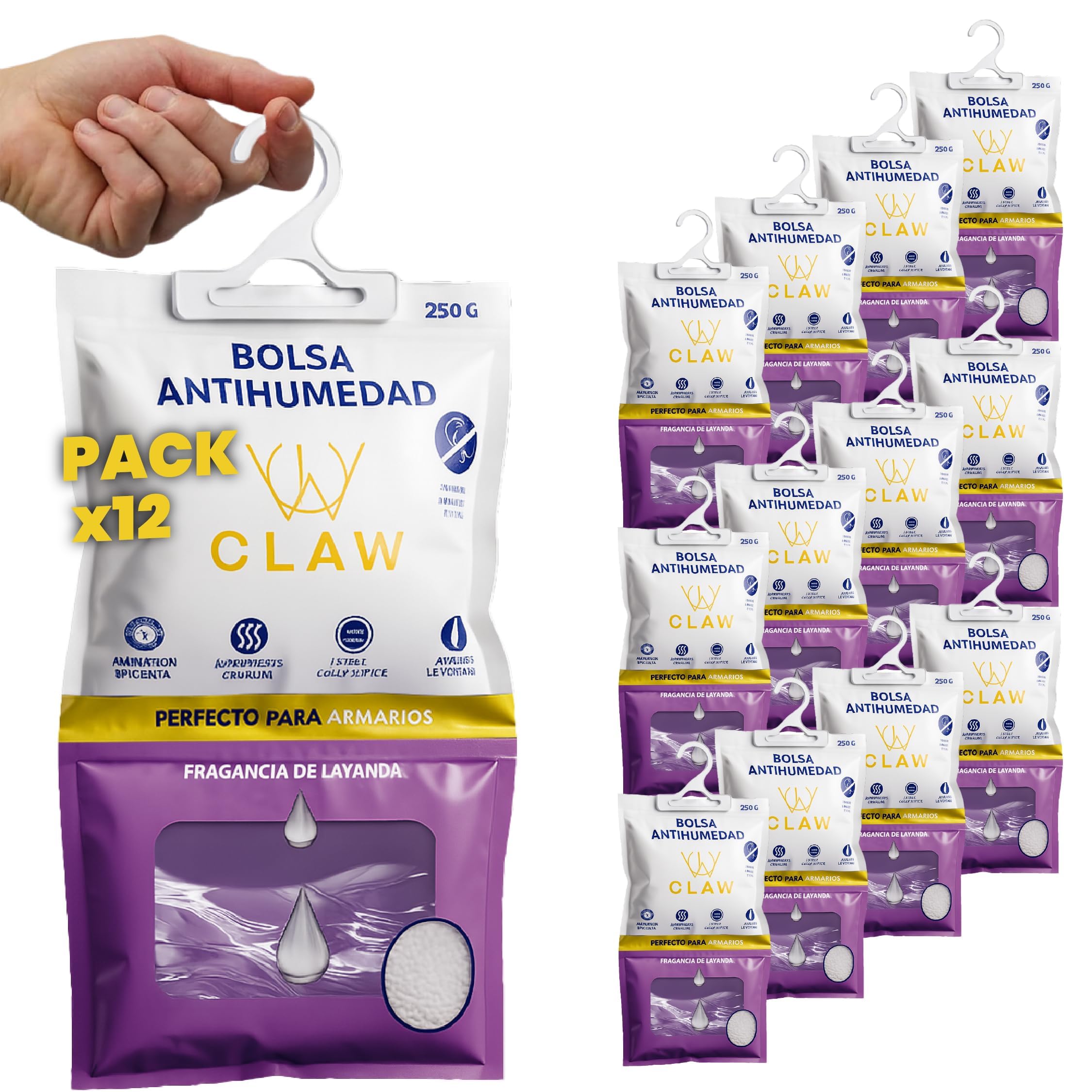 Pack de 12x 250g Bolsas Antihumedad Armario Ropa Ambientador Lavanda – Deshumificador Percha Colgante Garaje – Elimina malos Olores - Absorbente Humedad Trastero