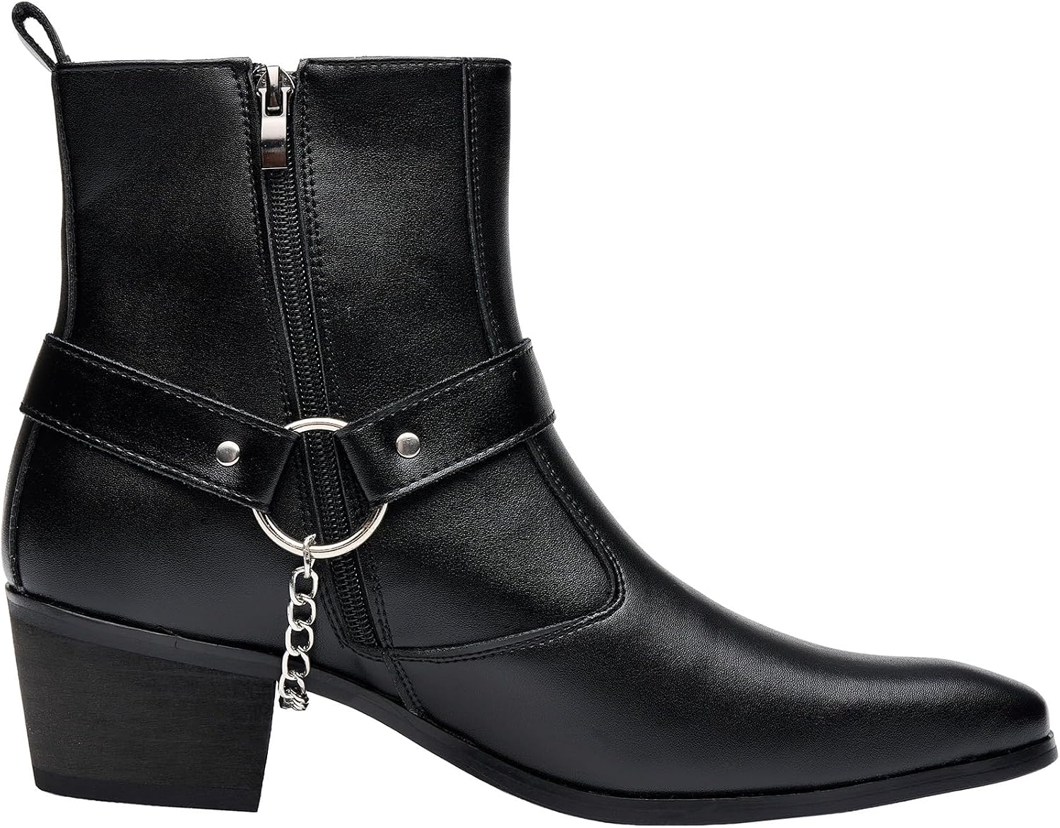 Men's Harness Boot, Ankle Black Boots | Western Style, Biker Boot, Chunky Heel with Strap & Chain, Side Zipper, Casual Night-out Outfit