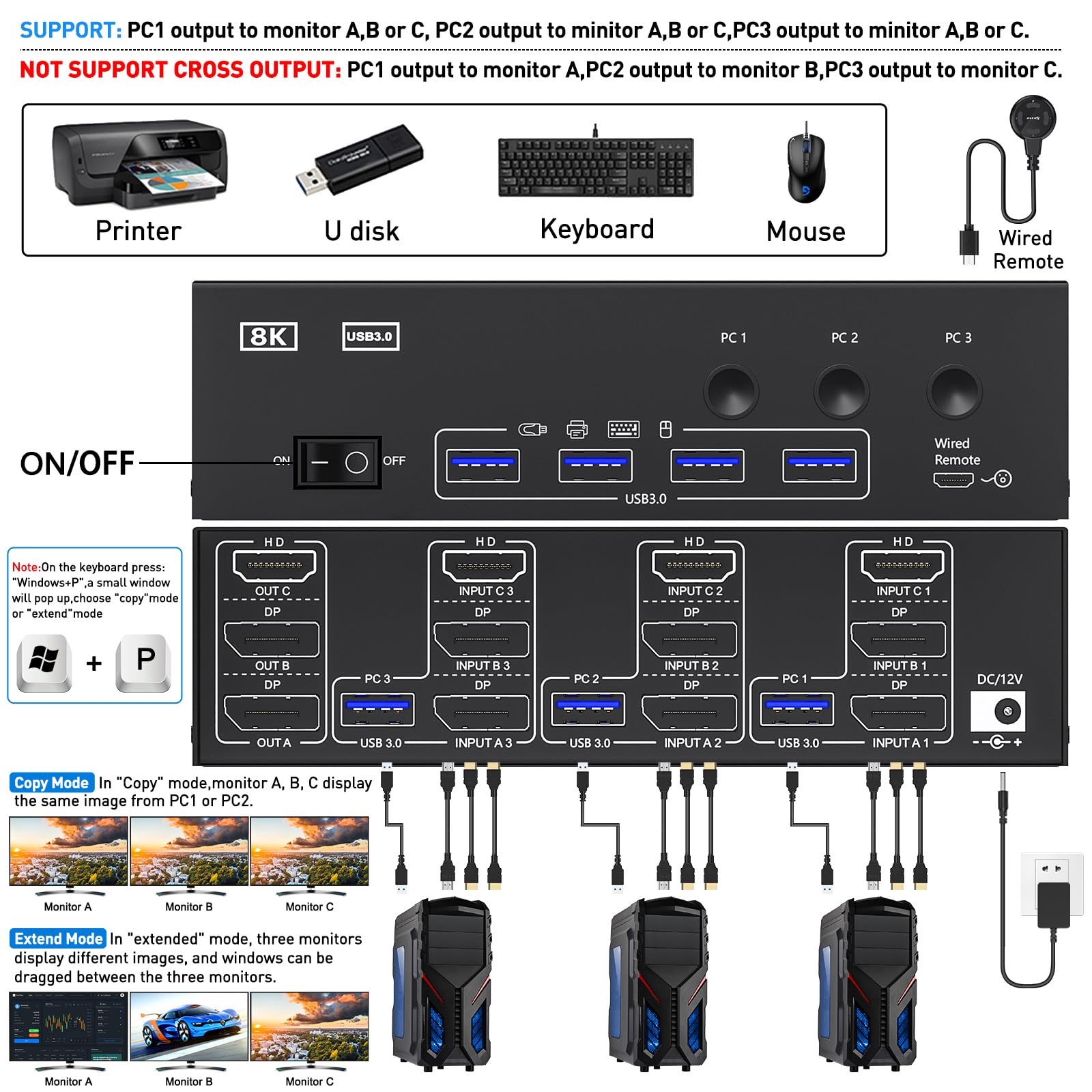 KVM Switch 3 Computer 3 monitory, KCEVE HDMI + DisplayPort USB 3.0 KVM, przełącznik 8K 30 Hz/4k 144 Hz, potrójny monitor KVM do 3 komputerów, 3 wyświetlaczy i 4 urządzeń USB 3.0