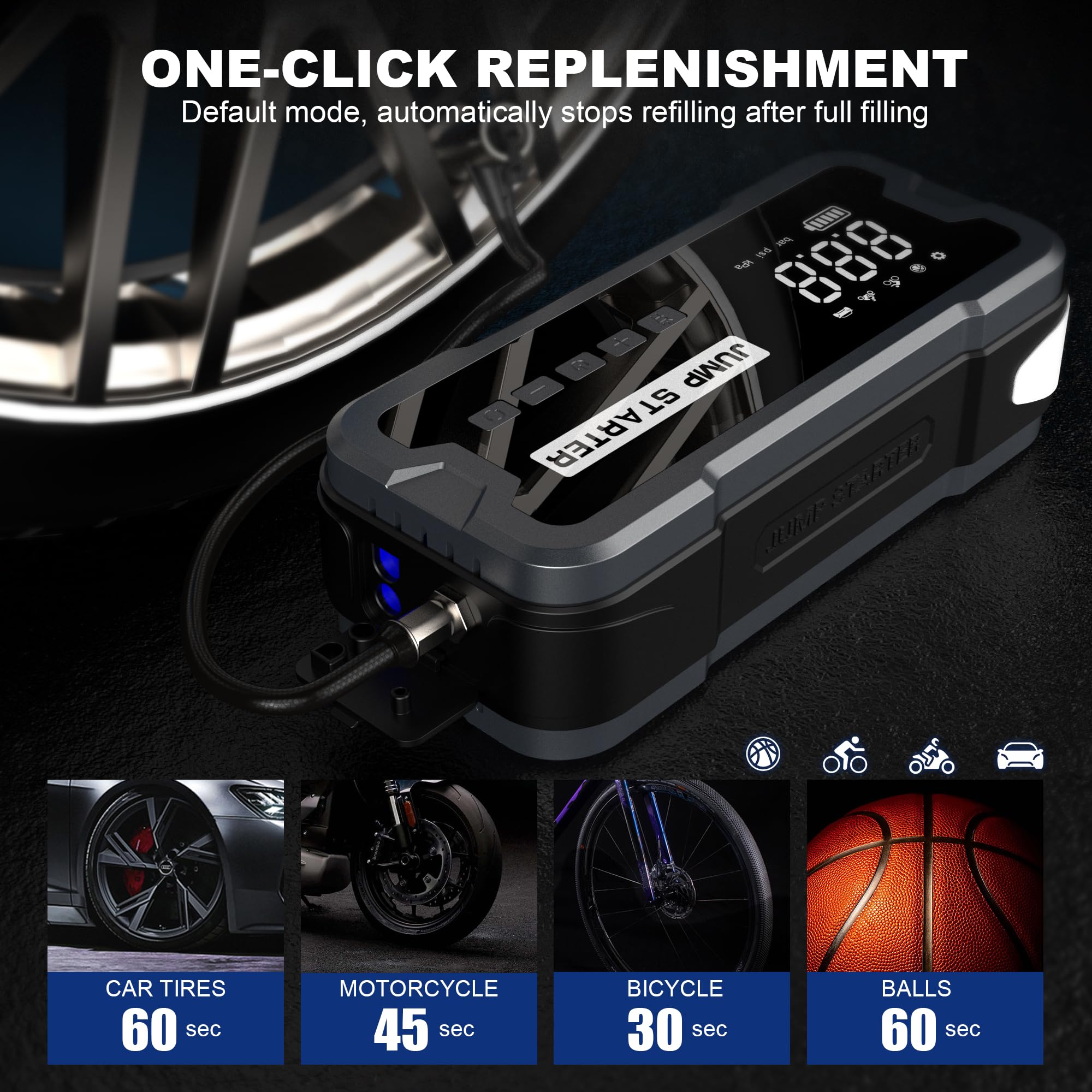 Avviatore Batteria Auto,Booster Avviatore Auto con Compressore 160PSI (per 12V 10.0L GAS e 8.0L DIESEL), 6000A Jump Starter Avviatore Emergenza USB, LED,Starter Batteria LCD