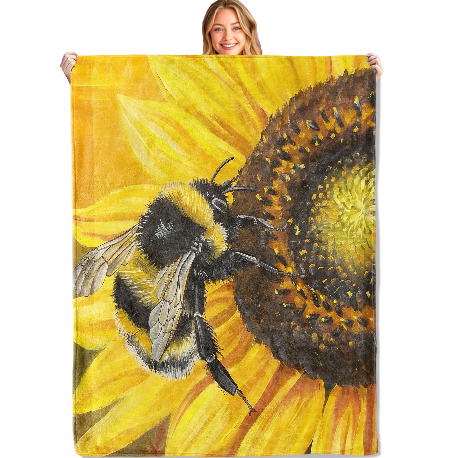MIEPOS Bee & Sunflowers Throw Blanket – Soft, Cozy, and Lightweight Decor Flannel Blanket Ideal for Couch, Office, and Travel – Fuzzy, Fluffy, Plush
