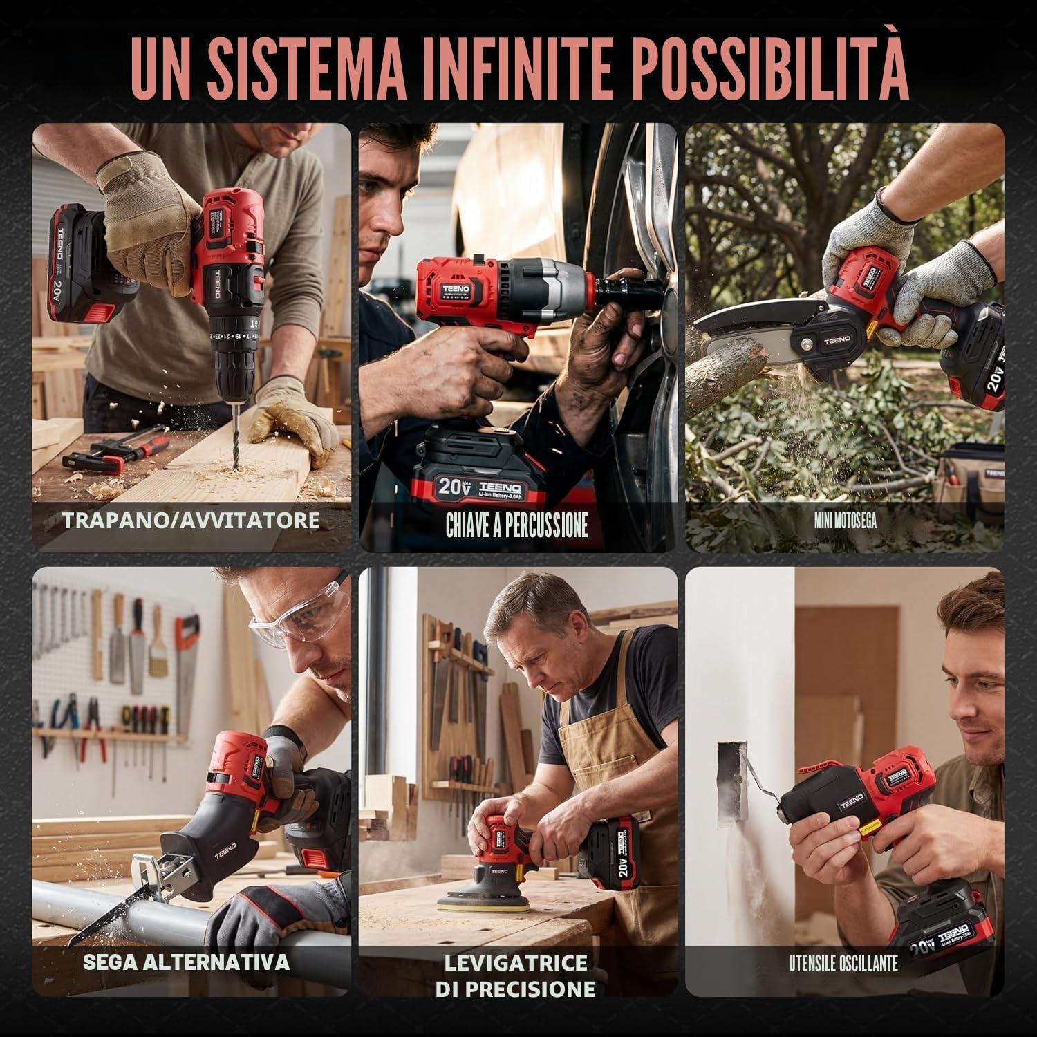 Kit Combinato Wireless 20V TEENO, Strumento Multifunzionale Wireless 8 in 1 Con Custodia, Trapano, Sega a Catena, Cef A Urto, Strumento Oscillante, Levigatrice Con Accessori (8 IN 1)