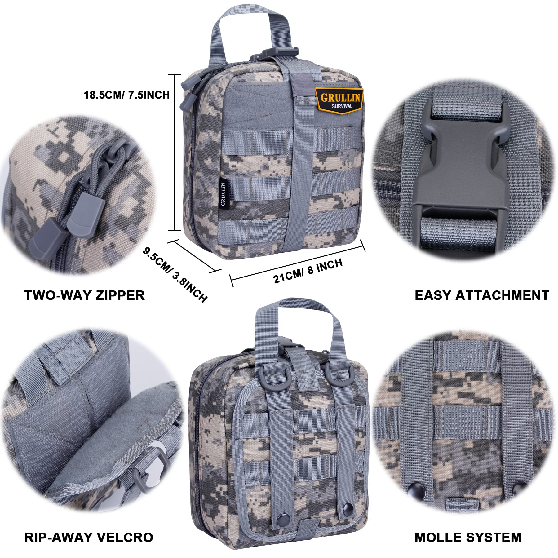 GRULLIN IFAK Tactique 39 Pièces – Trousse De Secours Urgence Militaire MOLLE Remplie, Idéal Randonnée, Camping, Airsoft