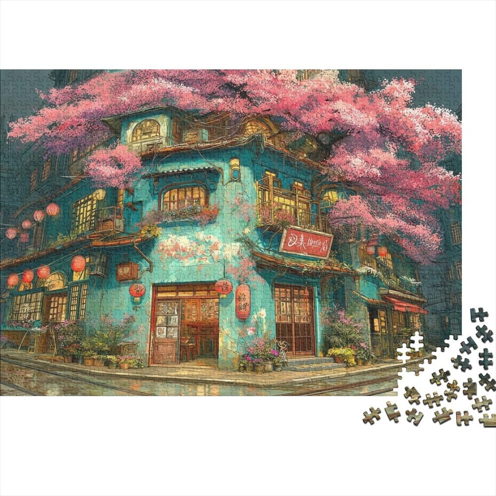 Cherry Blossom Urban Tea House 1000 Piece Jigsaw Puzzle Jigsaw Puzzle for Adults Relaxation Gift Home Decor 52x38cm/1000pcs