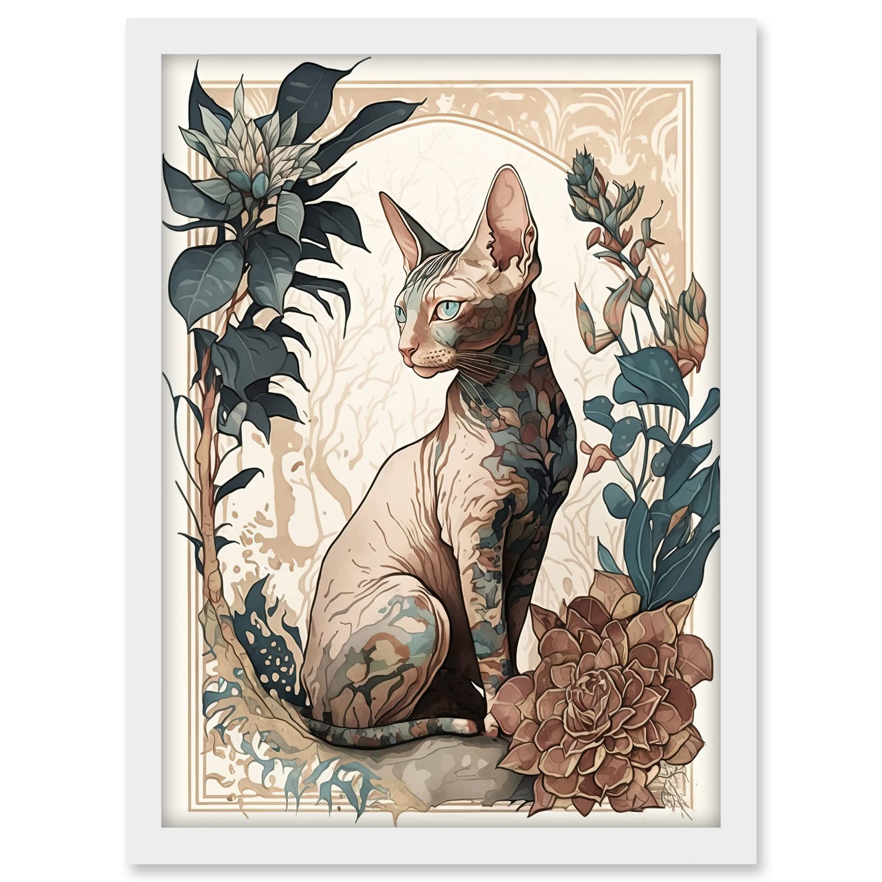 Artery8 Sphynx Cat with Flower Blooms Modern Art Nouveau Portrait Illustration Artwork Framed A3 Wall Art Print