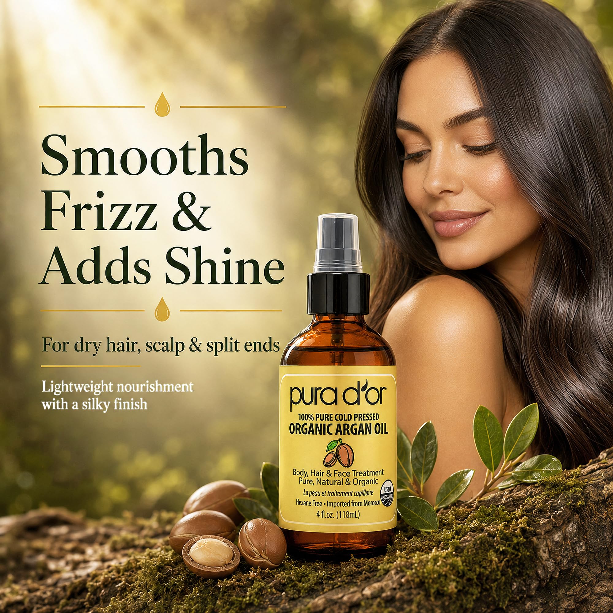 Pura D'Or Olio di argan marocchino biologico 100% puro spremuto a freddo e trattamento idratante organico USDA per viso, capelli, pelle e unghie, 118 ml